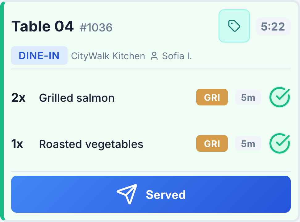Native dispatch order for Table 04: grilled salmon and roasted vegetables ready, with the Served action