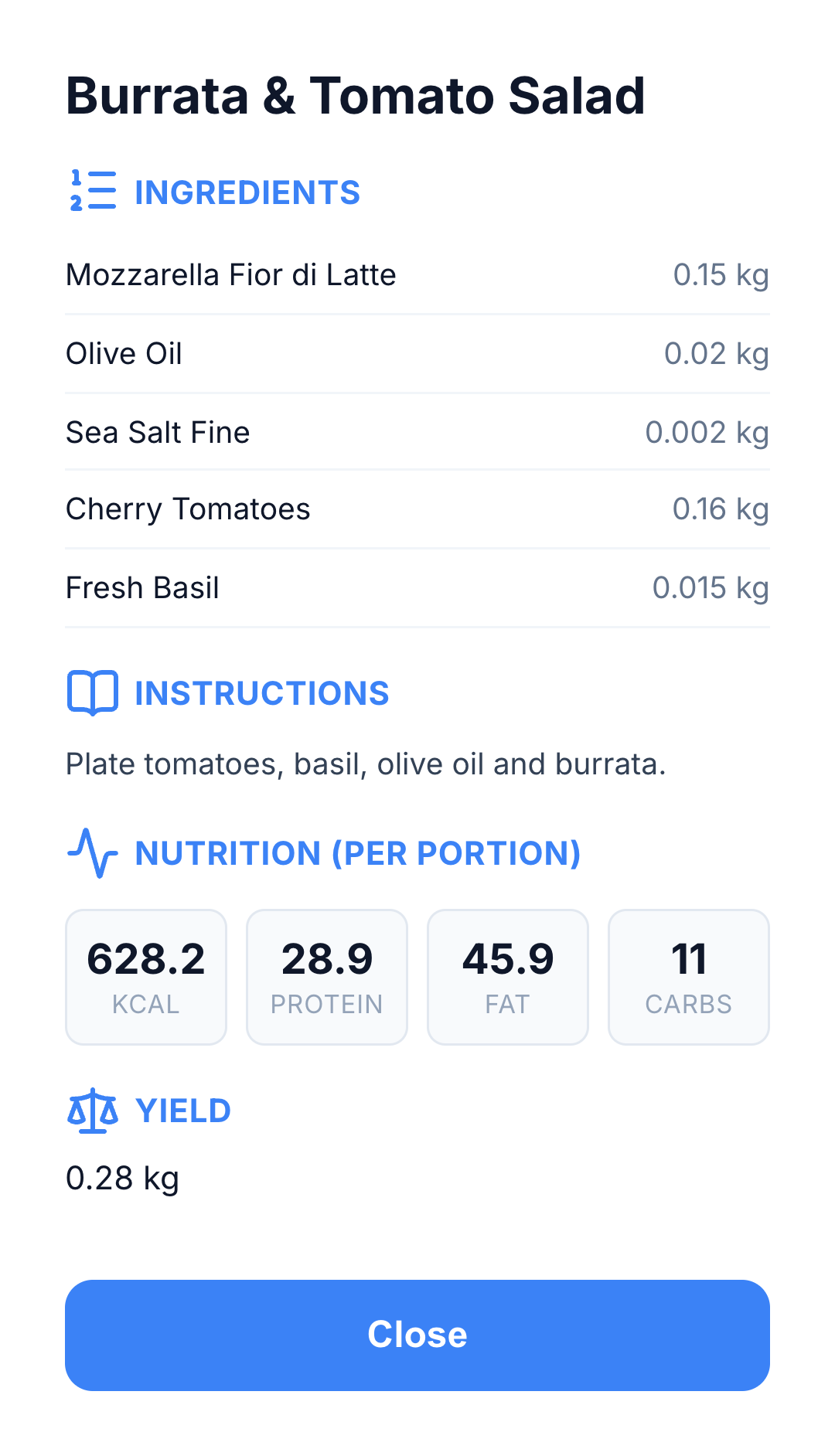 Native KDS recipe card for Burrata & Tomato Salad with five ingredients, instructions, nutrition per portion and yield