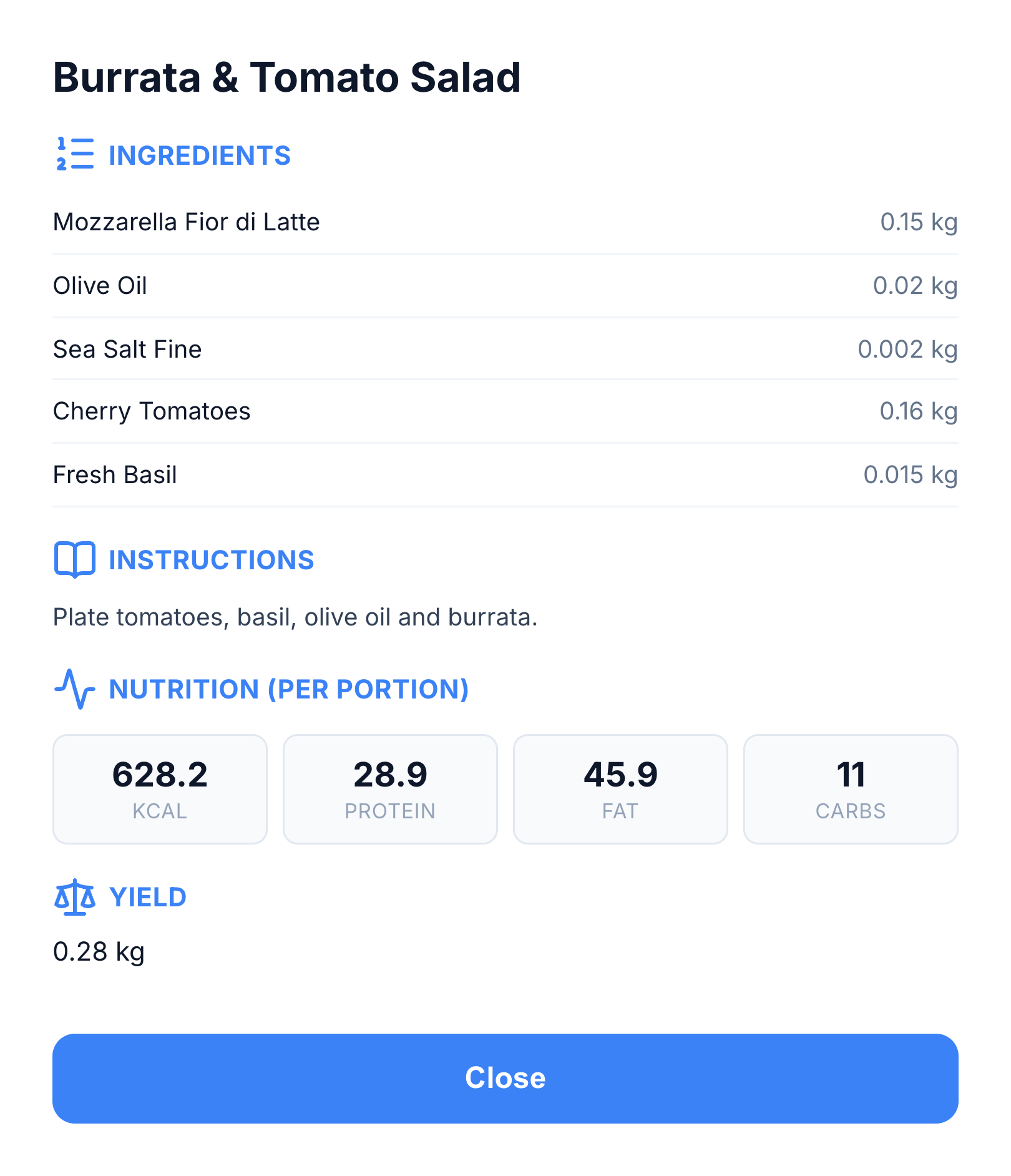 Native KDS recipe card for Burrata & Tomato Salad with five ingredients, instructions, nutrition per portion and yield
