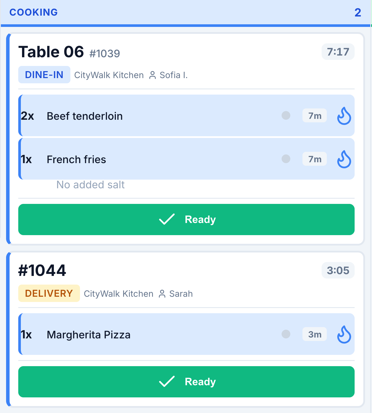 Grill station queue showing its assigned dishes and their preparation status; dine-in and delivery orders in the cooking queue