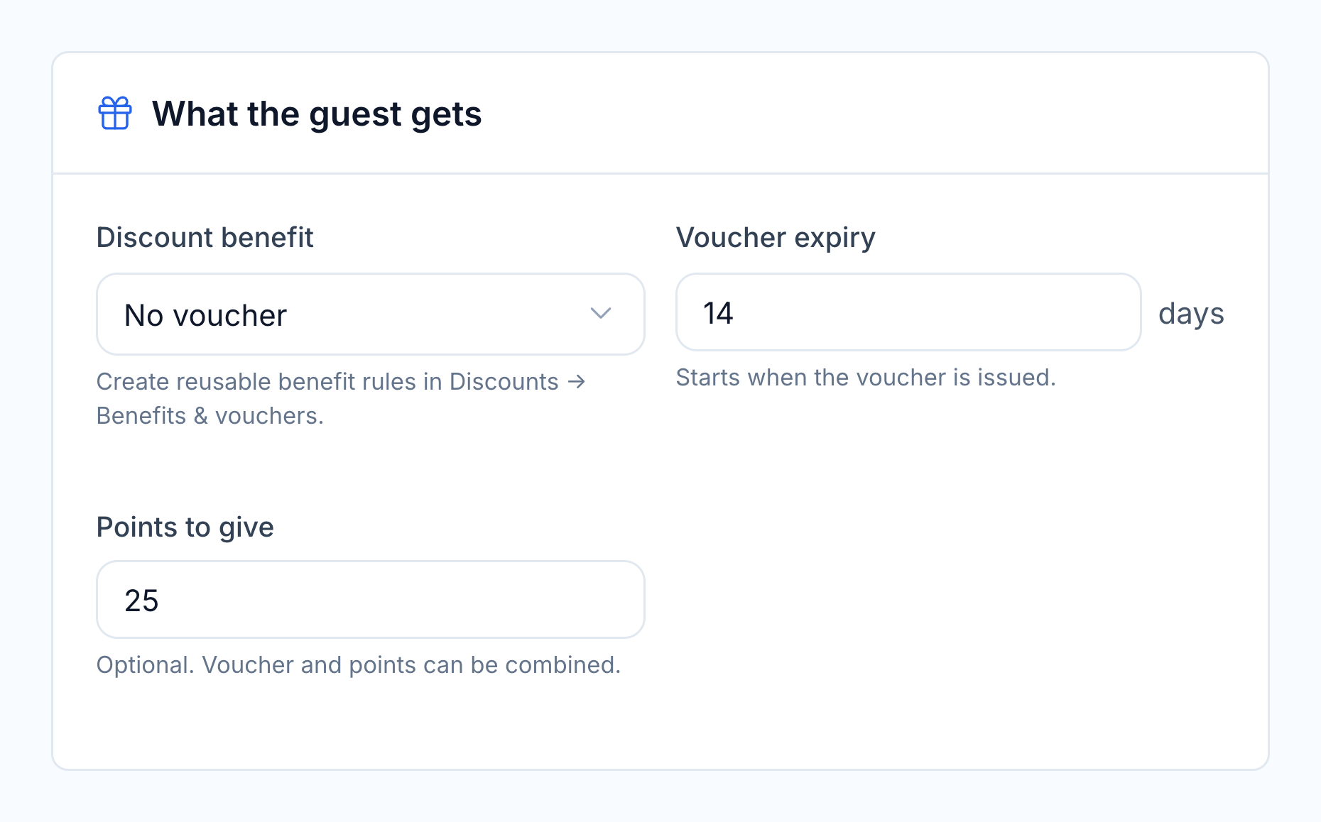 Native loyalty automation controls for a discount benefit, voucher expiry and bonus points