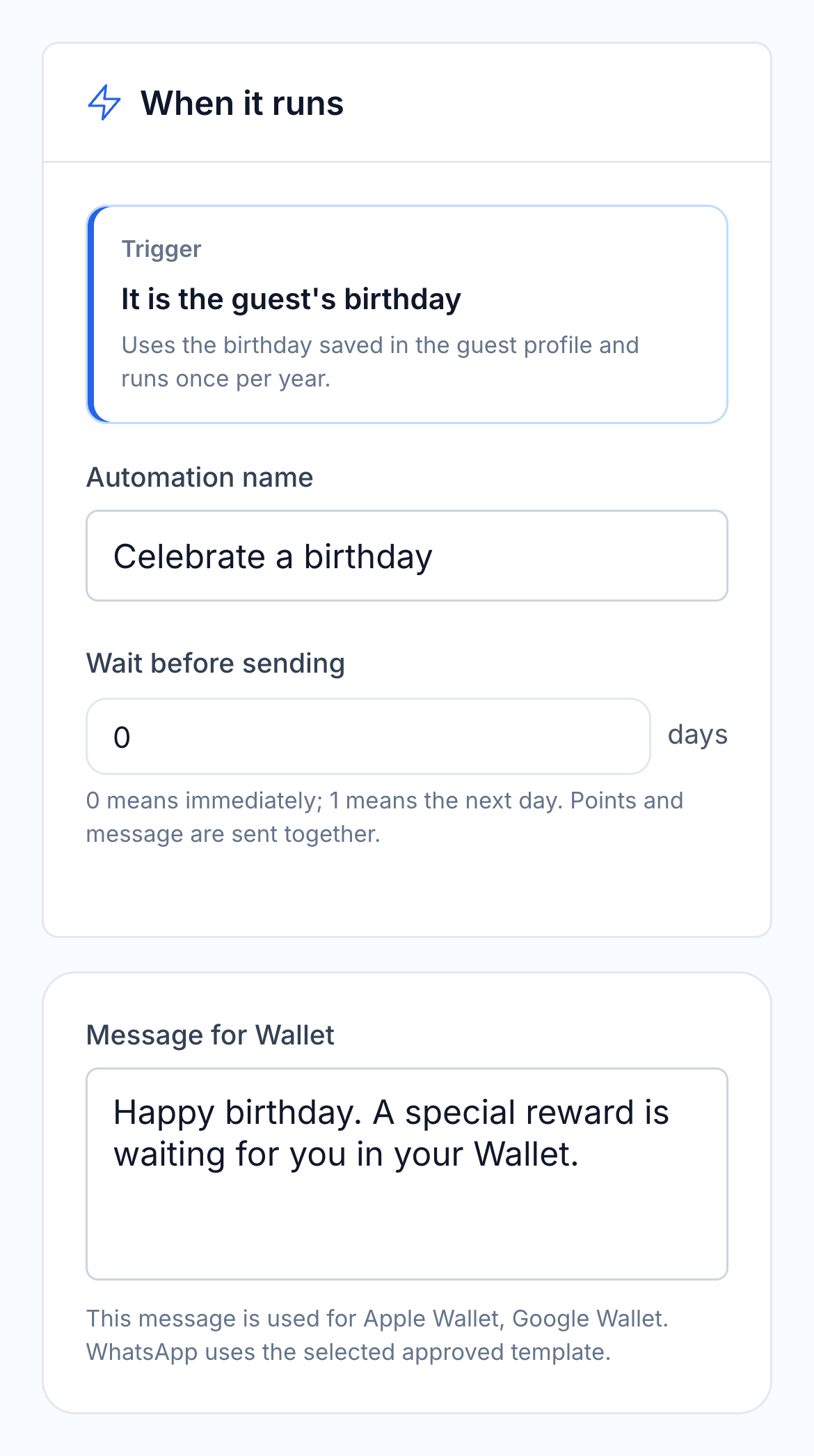 HoreX birthday automation: qualifying event, timing and editable guest message