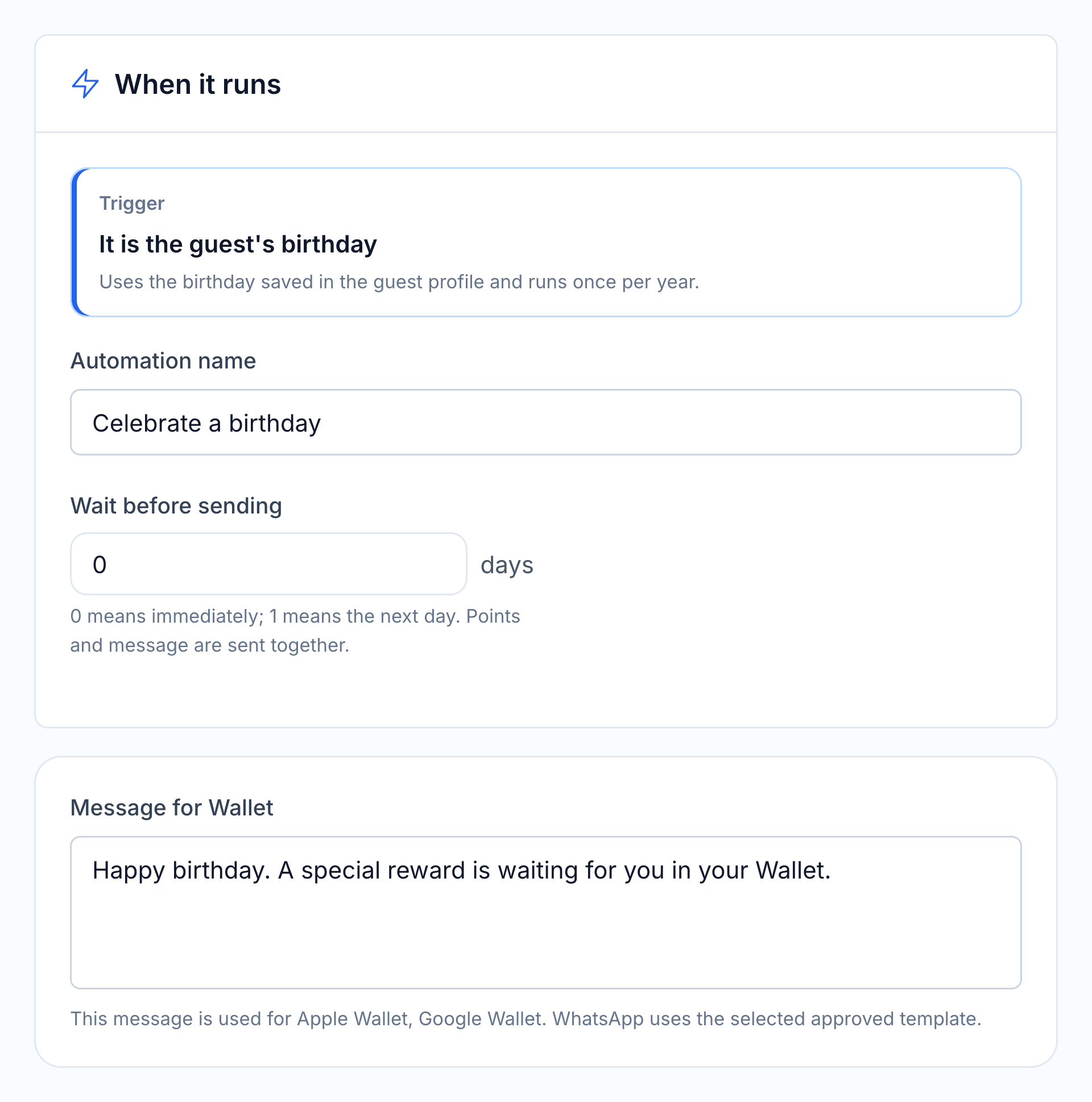 HoreX birthday automation: qualifying event, timing and editable guest message