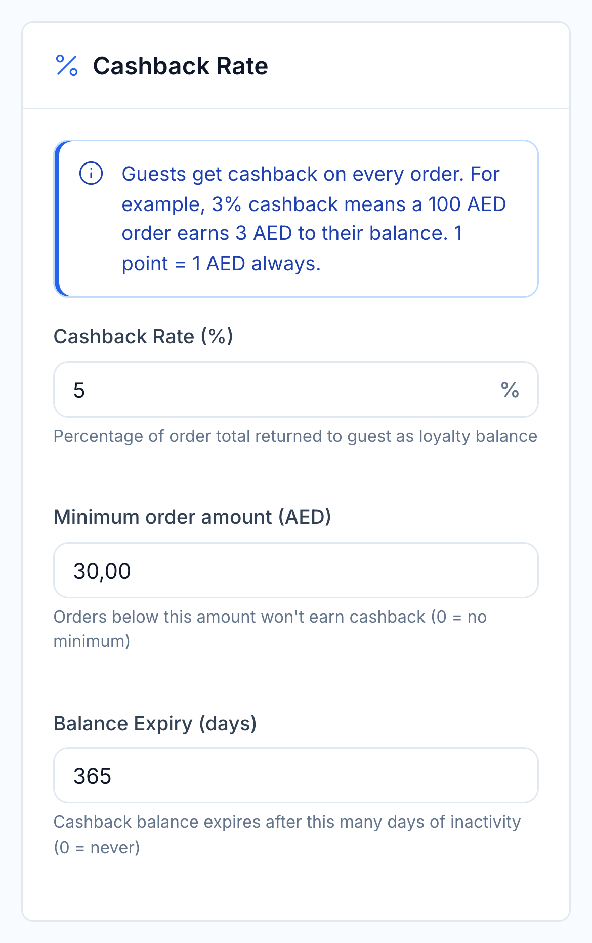 HoreX cashback earning rate, minimum order and expiry settings