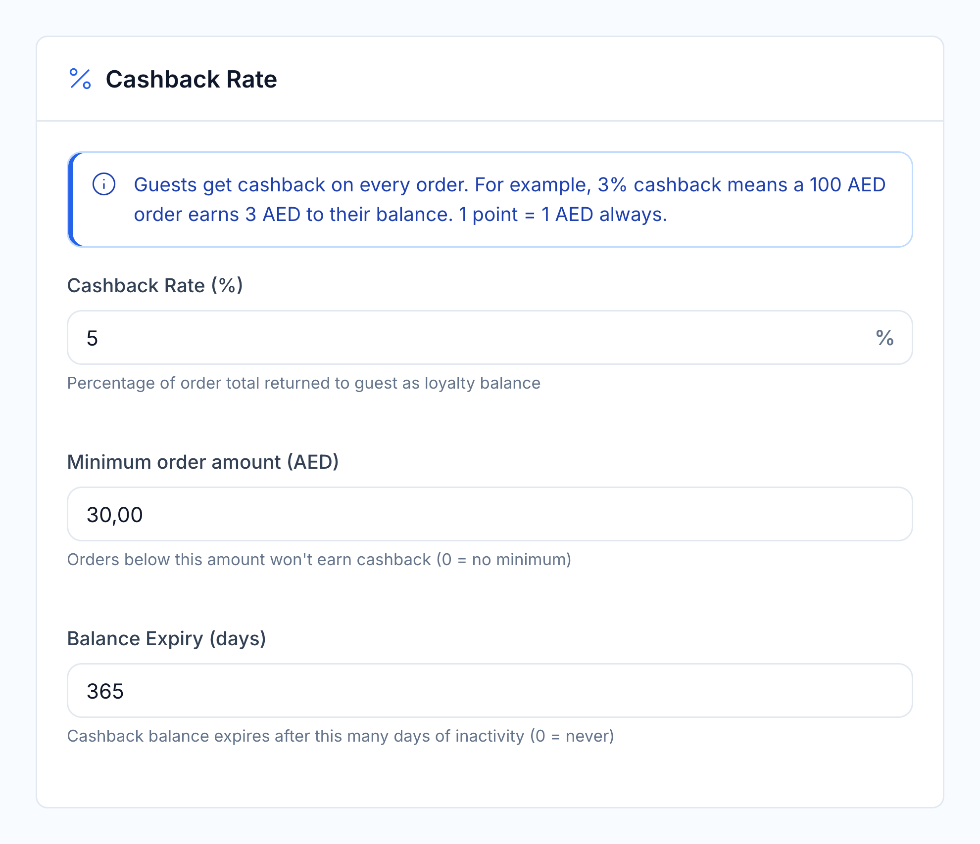 HoreX cashback earning rate, minimum order and expiry settings