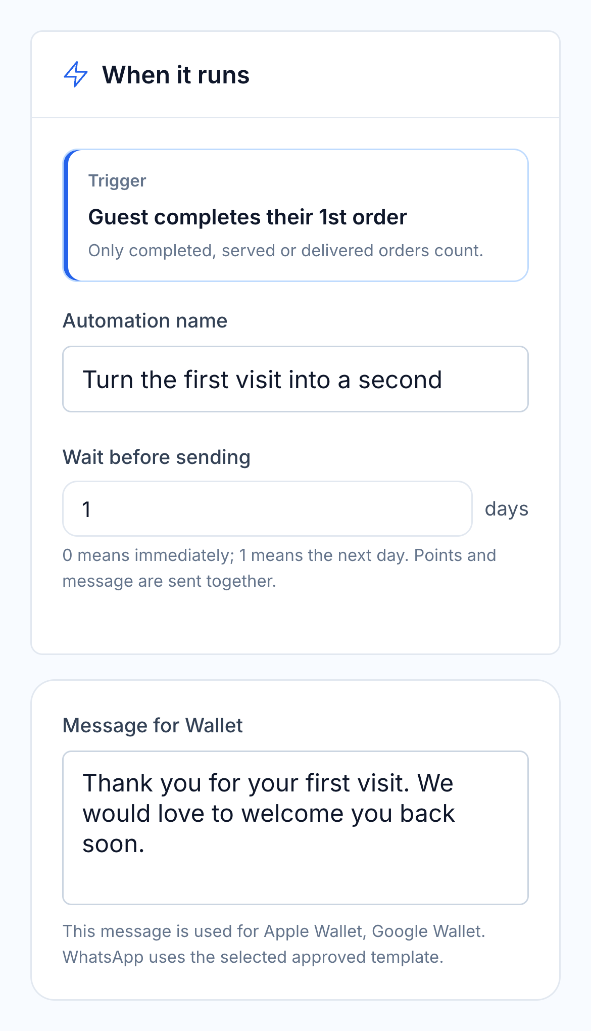 Native first repeat visit automation controls and message