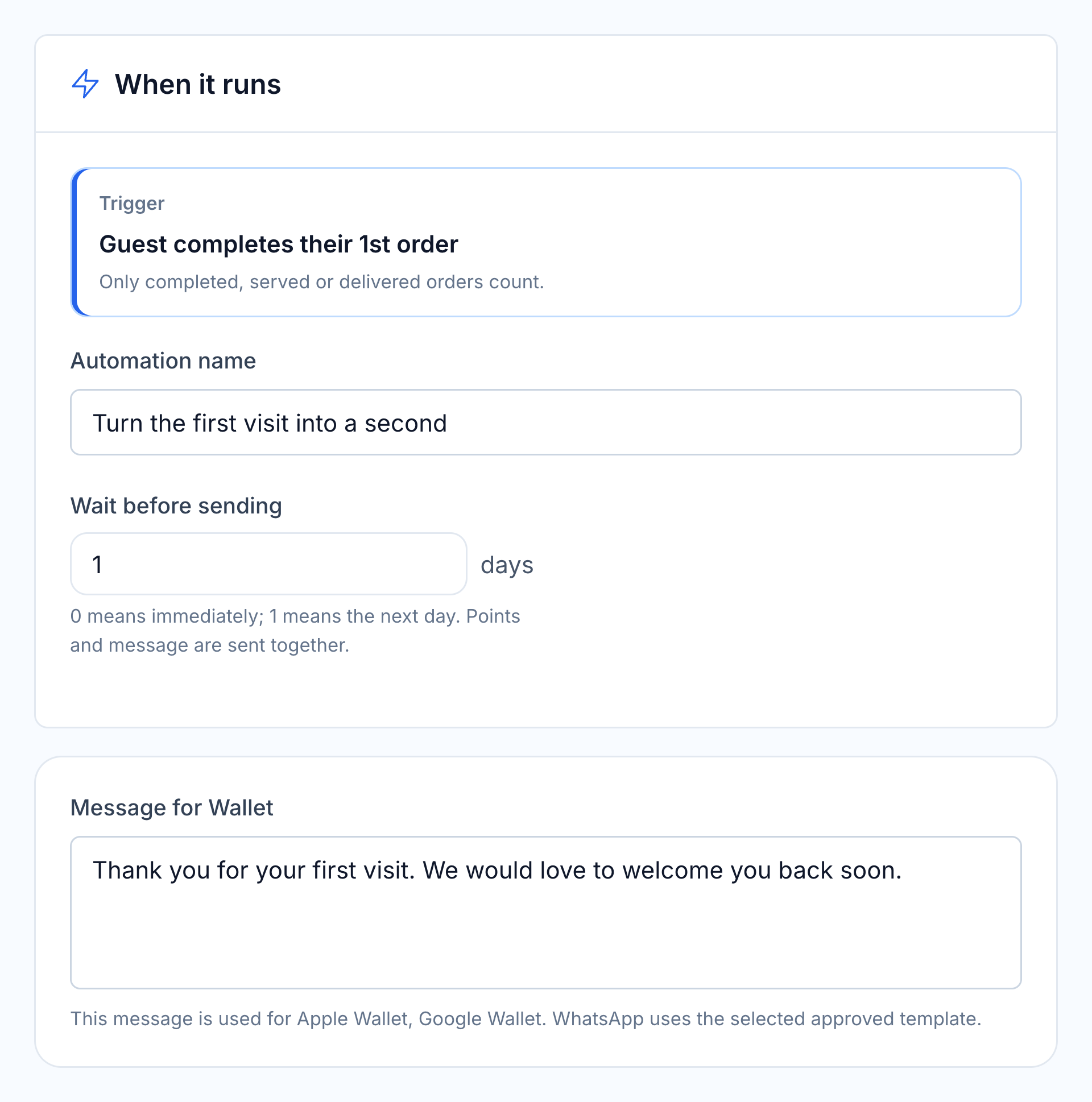 Native first repeat visit automation with trigger, delay and editable message