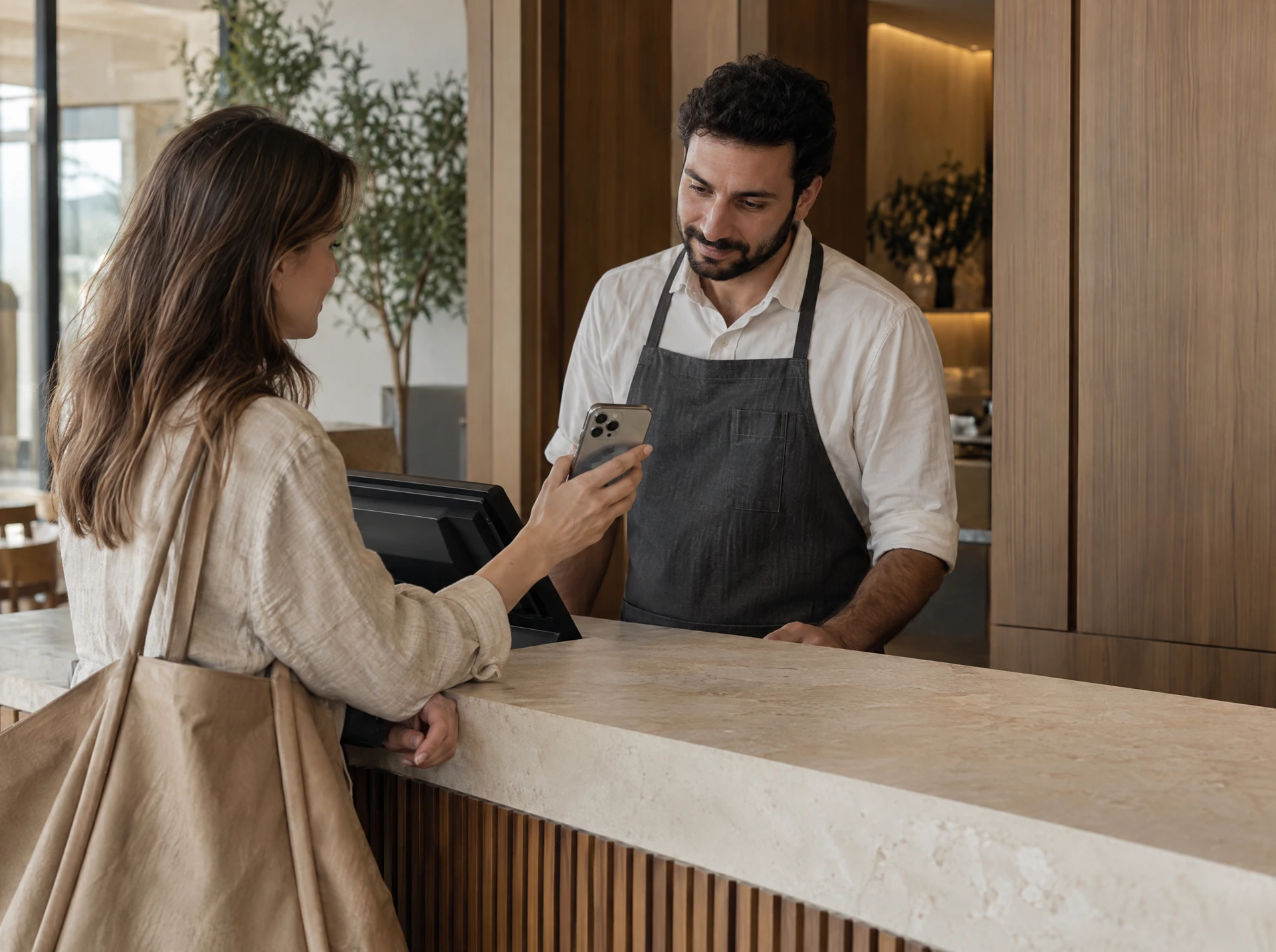 A guest presents her membership phone to a restaurant team member