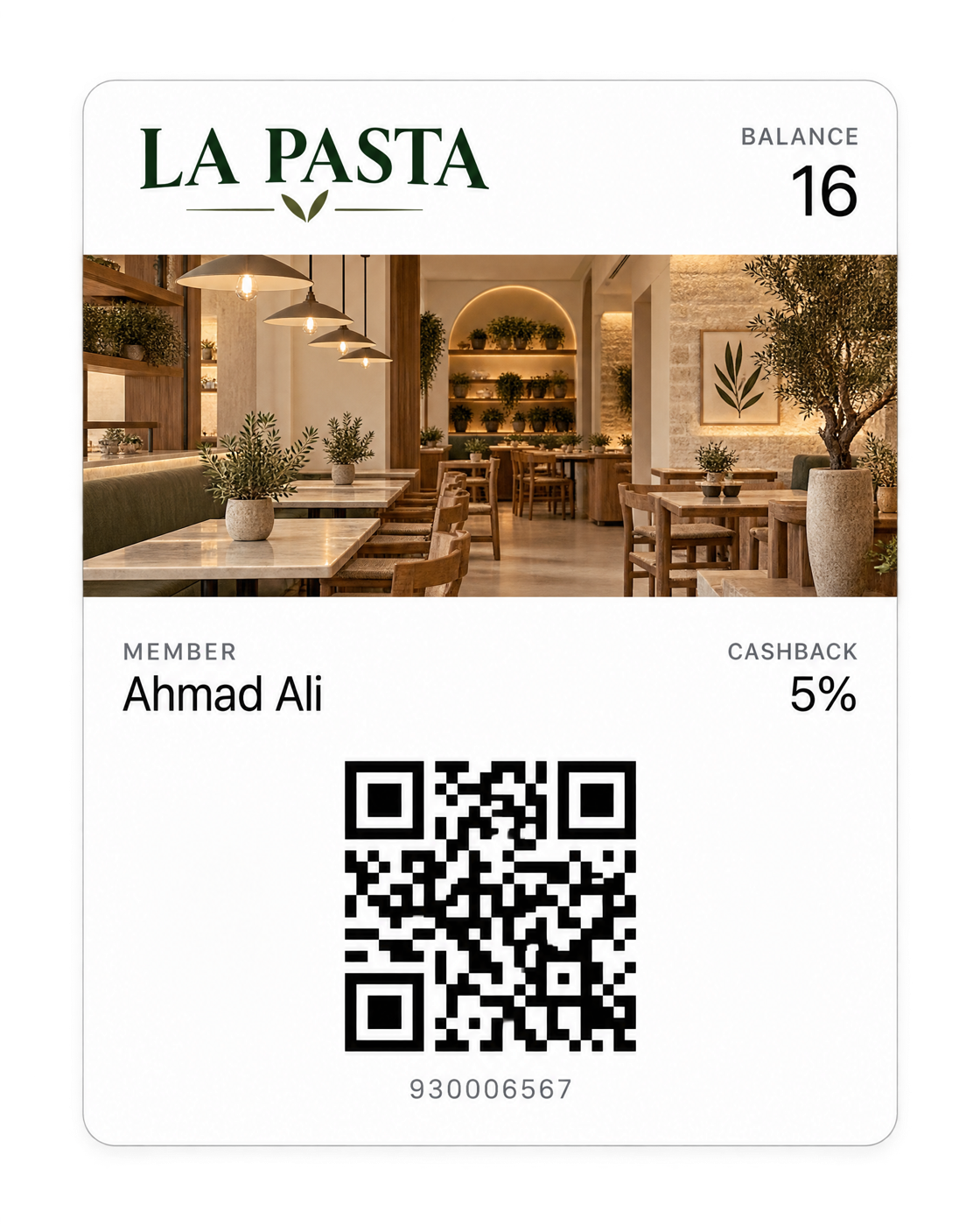 Illustration of a La Pasta loyalty pass in Apple Wallet, with member balance, cashback and QR code