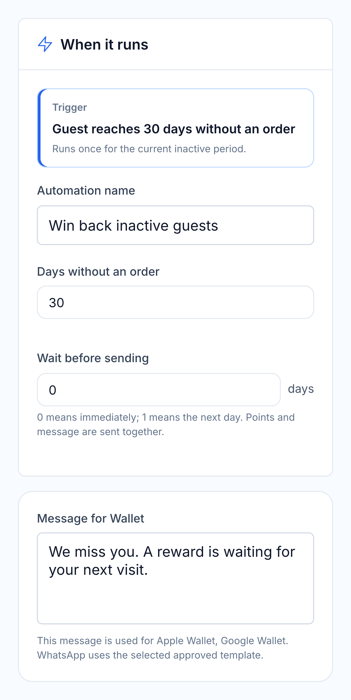 Native win-back automation with inactivity trigger, timing and editable guest message
