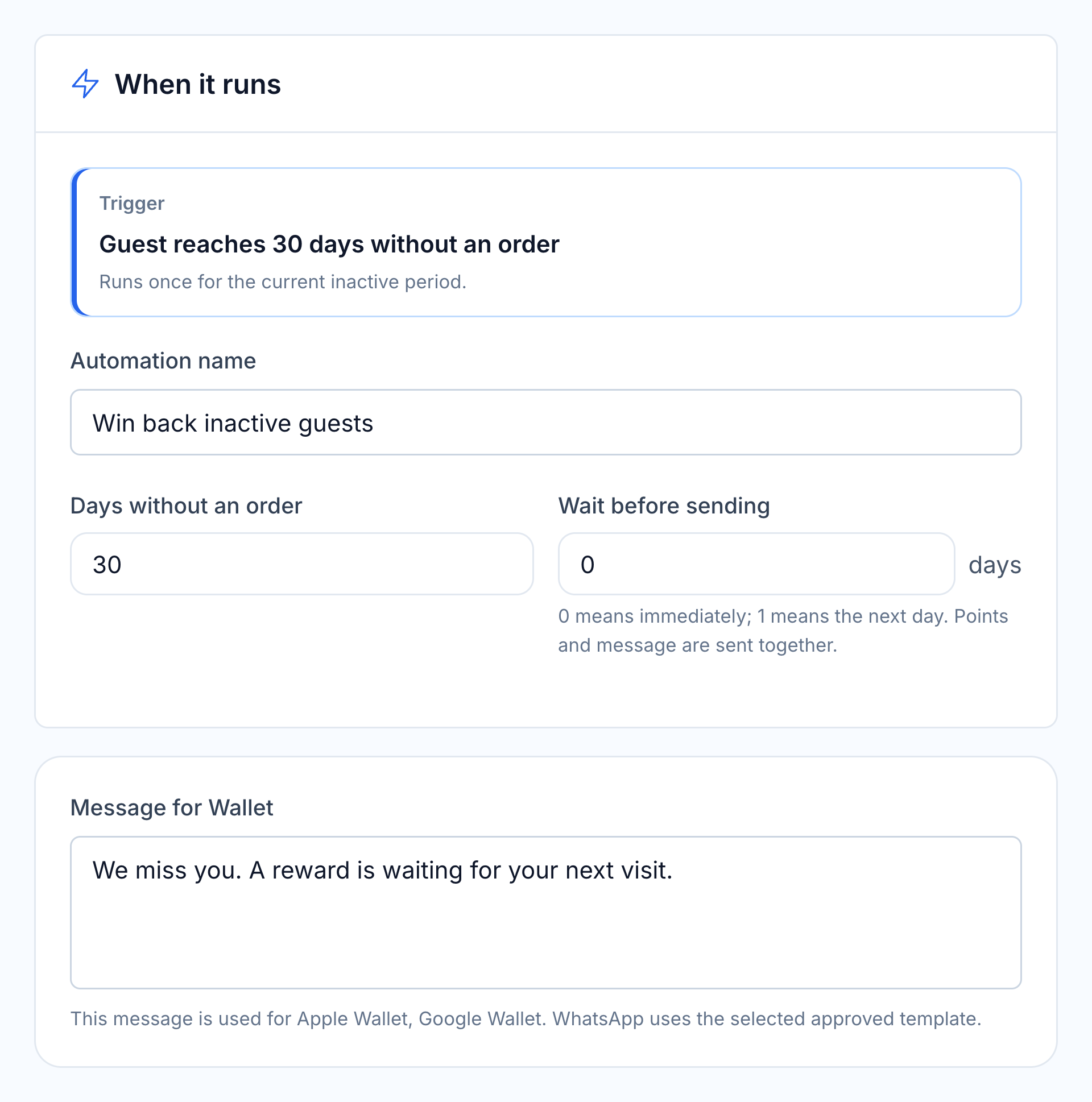 Native win-back automation with inactivity trigger, timing and editable guest message