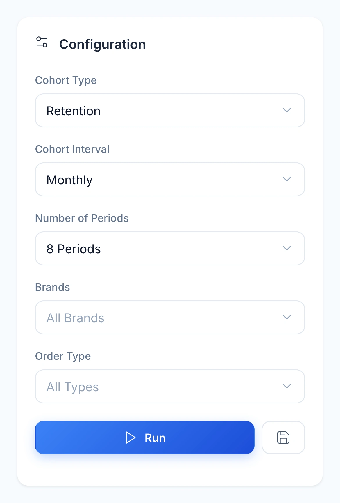 Native cohort builder with cohort type, monthly interval, period count, brands and order-type controls