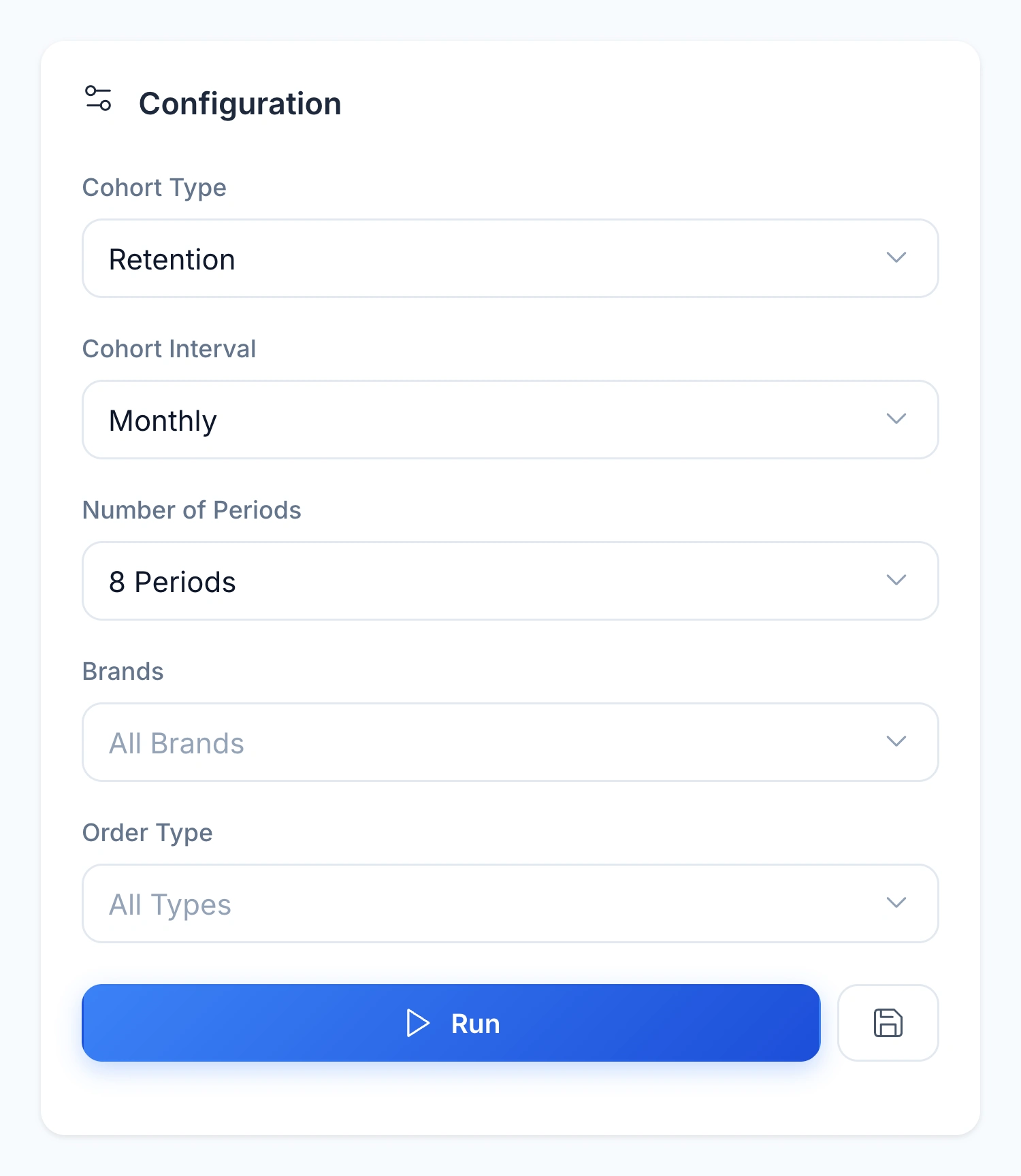 Native cohort builder with cohort type, monthly interval, period count, brands and order-type controls