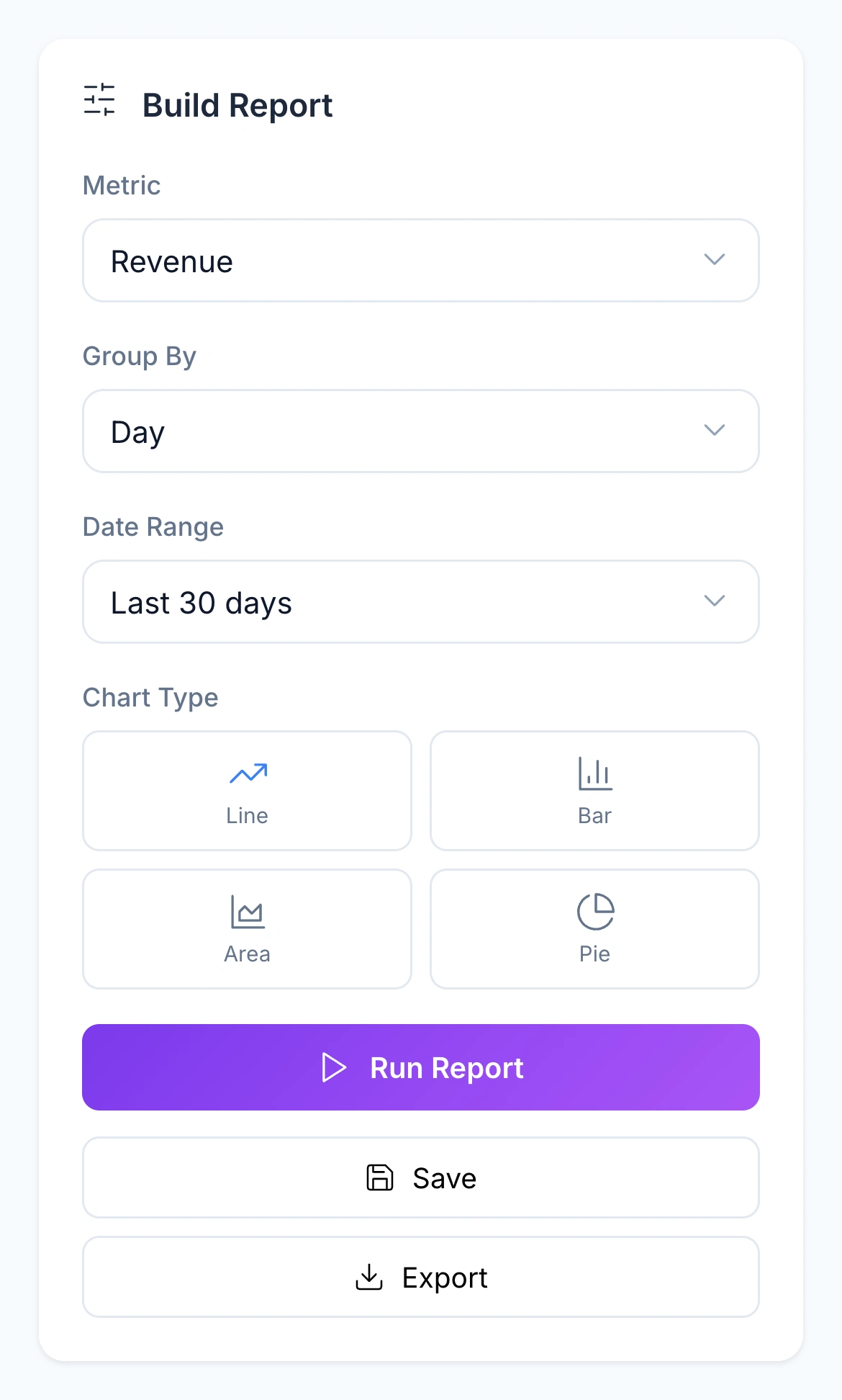 Native Custom Reports controls for metric, grouping, date range, chart type, save and export