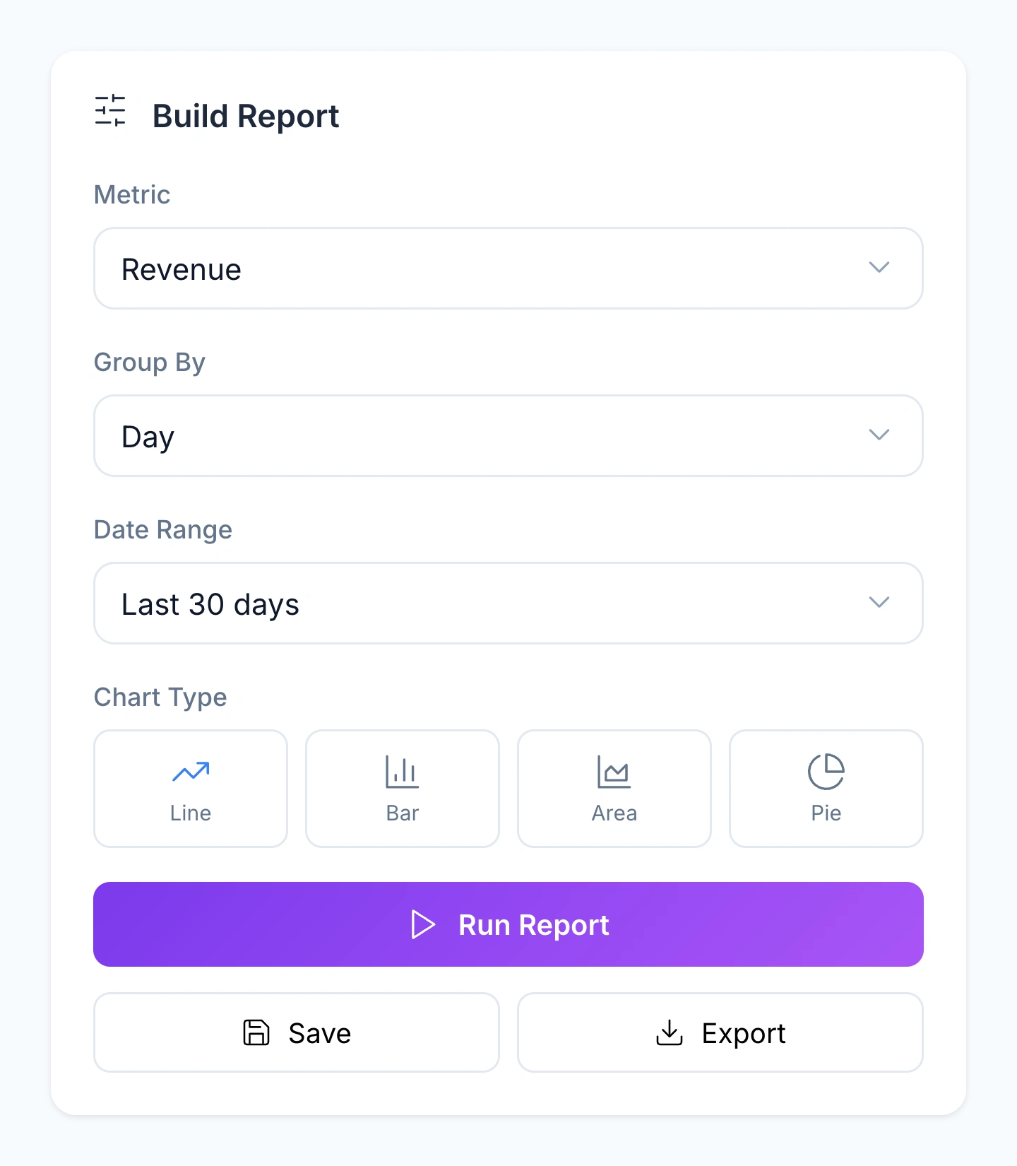 Native Custom Reports controls for metric, grouping, date range, chart type, save and export