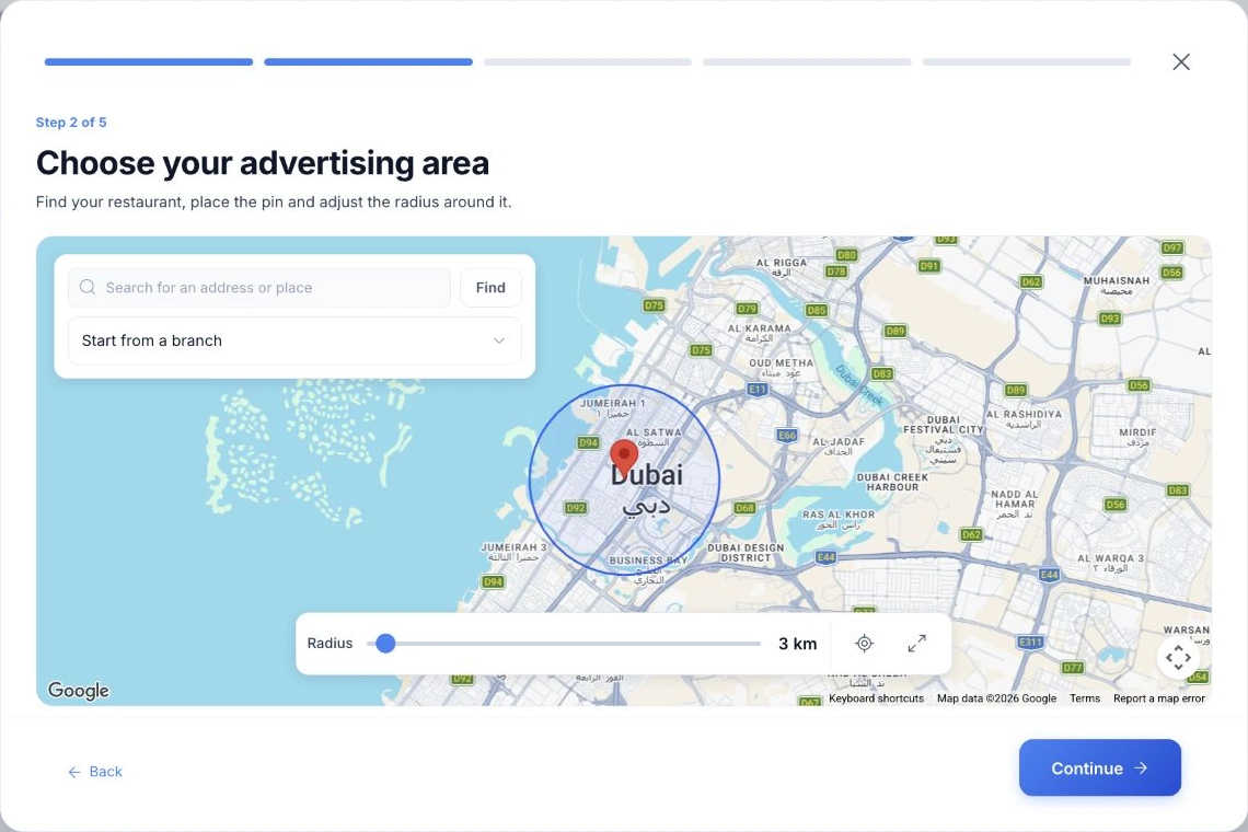 HoreX Google campaign setup with restaurant pin, 3 km advertising radius and Google map