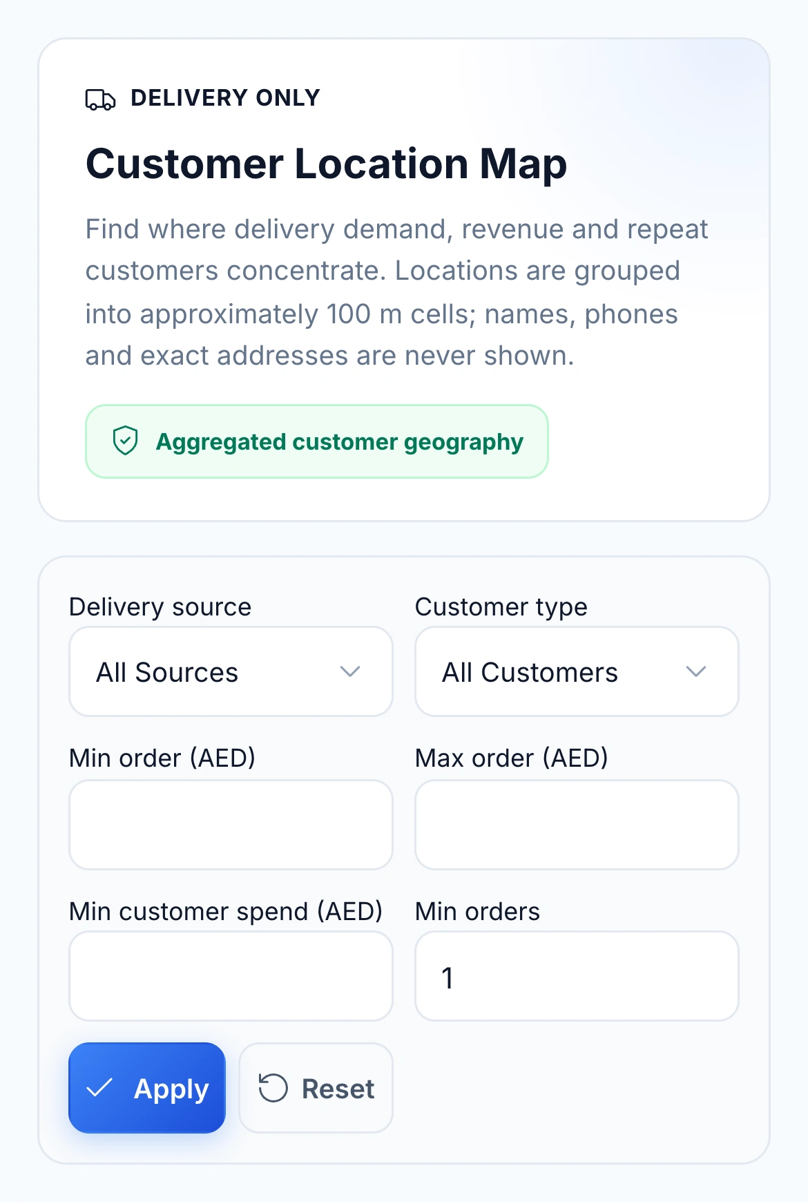 Native Customer Map filters for delivery source, customer type, order value, spend and frequency