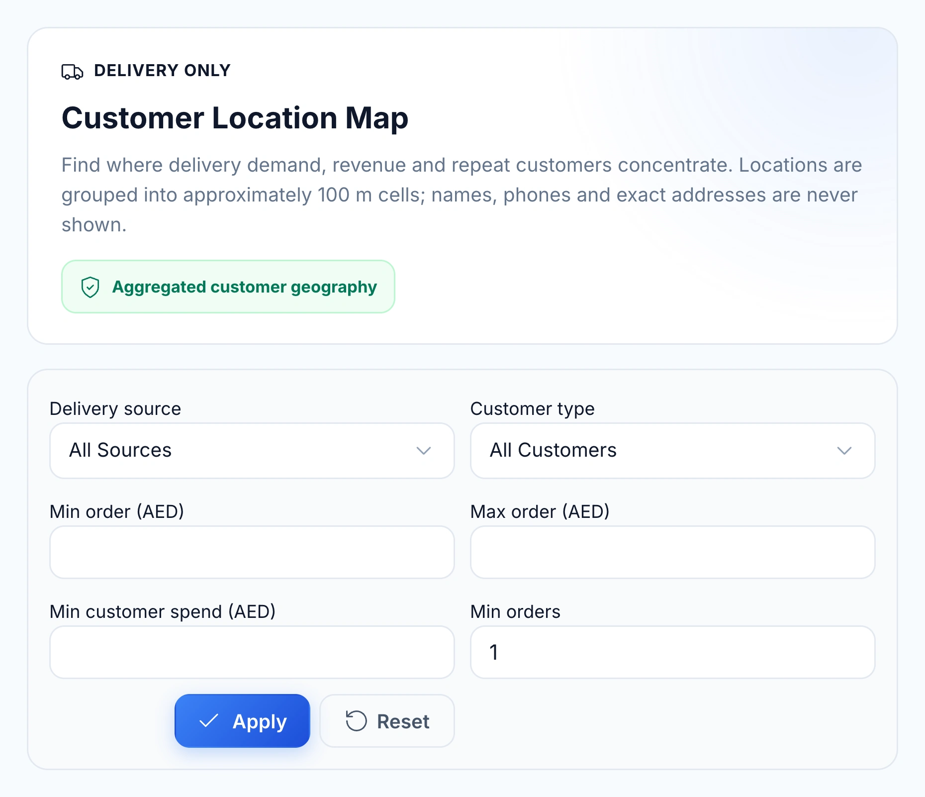 Native Customer Map filters for delivery source, customer type, order value, spend and frequency