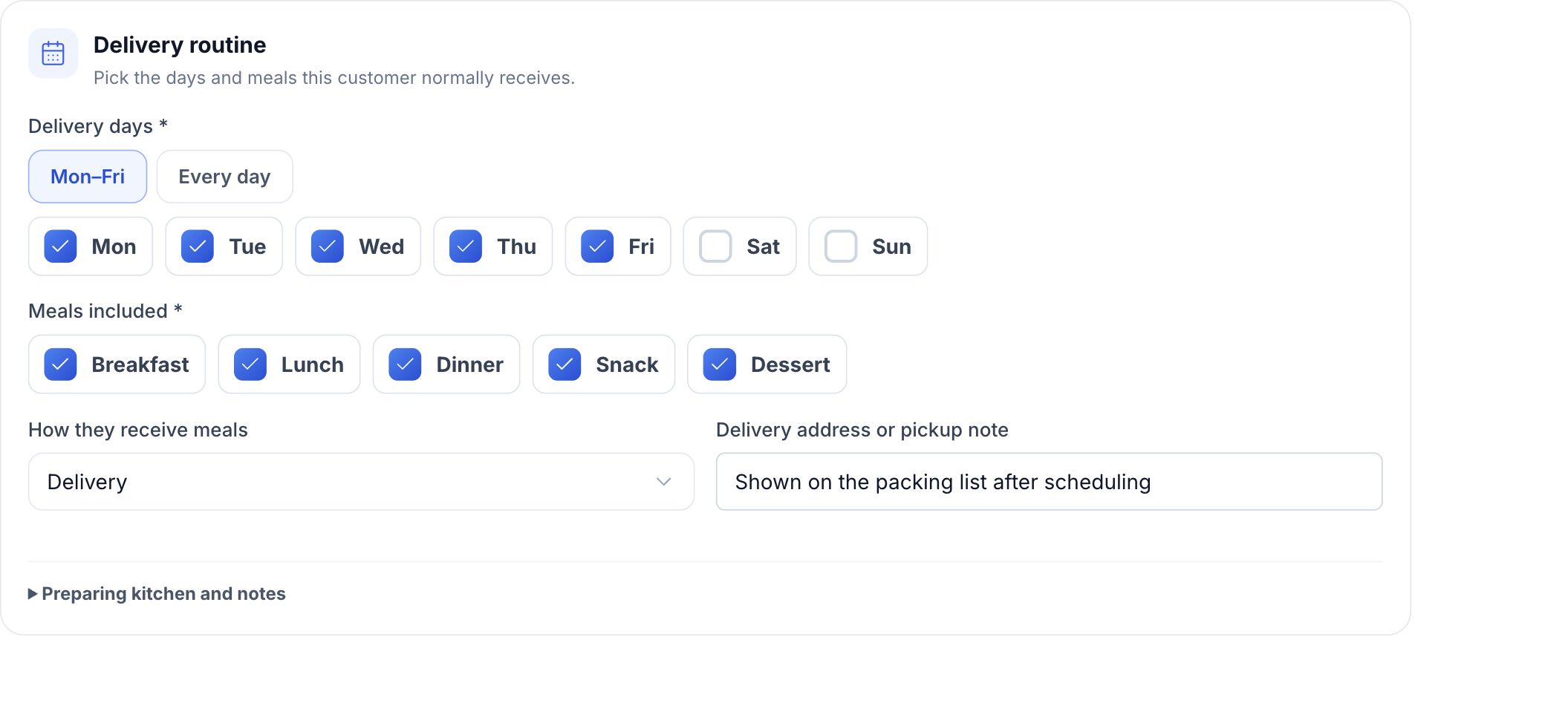 HoreX Meal Plans delivery routine with weekday selection, included meals and delivery details