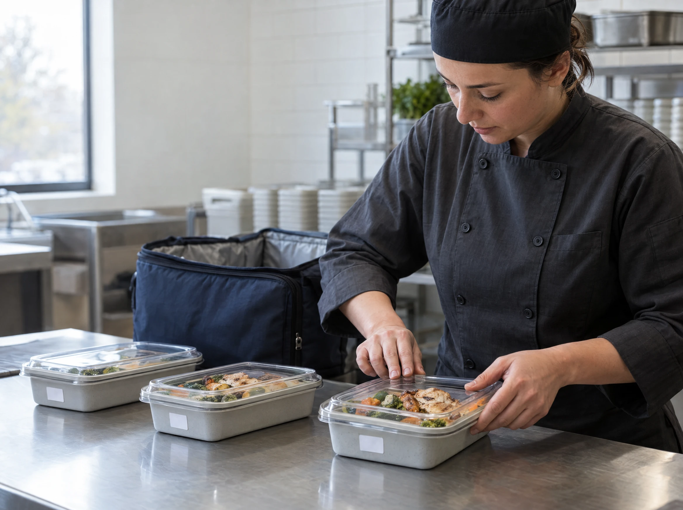 Kitchen worker sealing a customer’s meal containers beside an insulated delivery bag