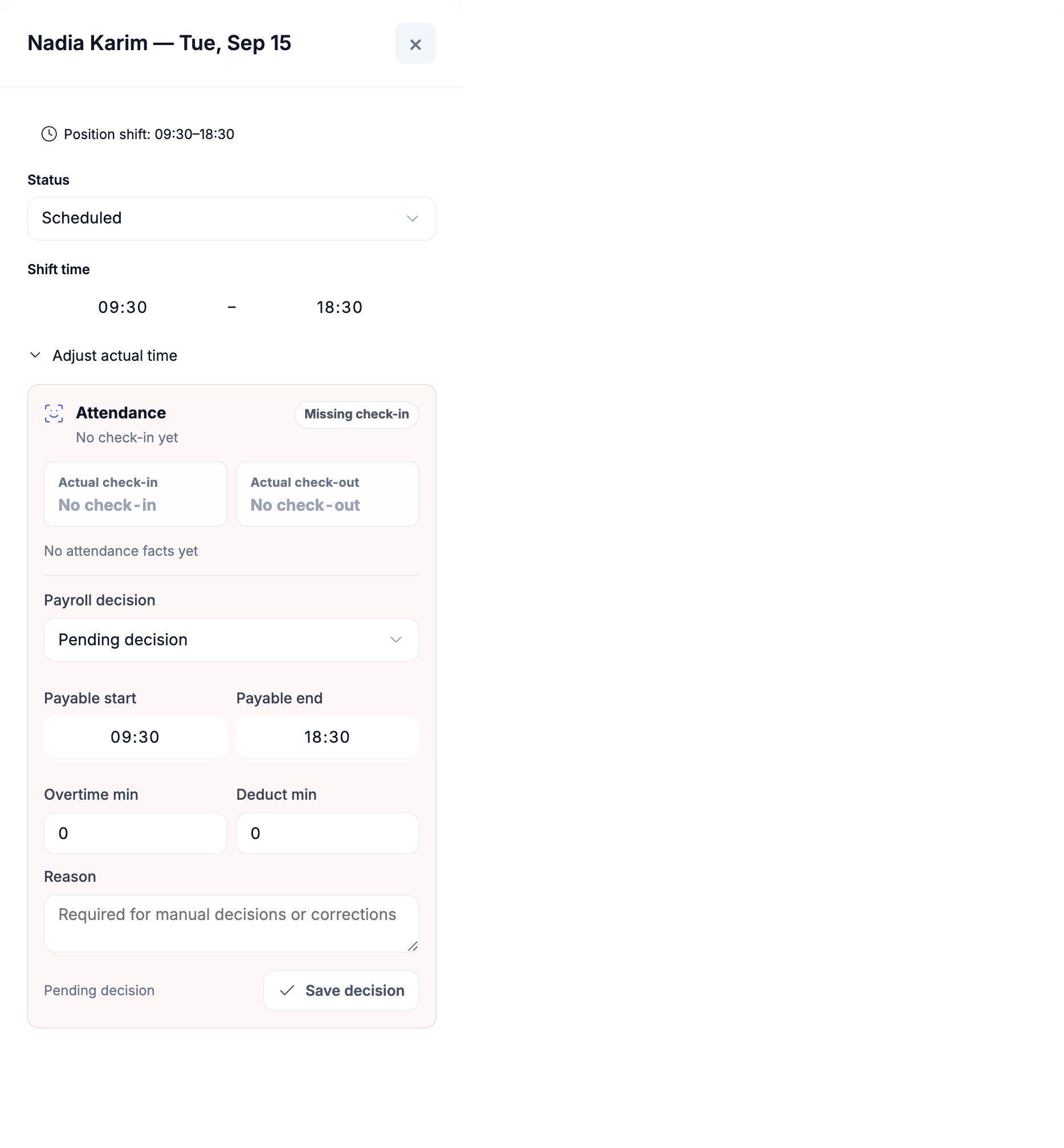 Actual HoreX shift details for Nadia Karim, scheduled from 09:30 to 18:30