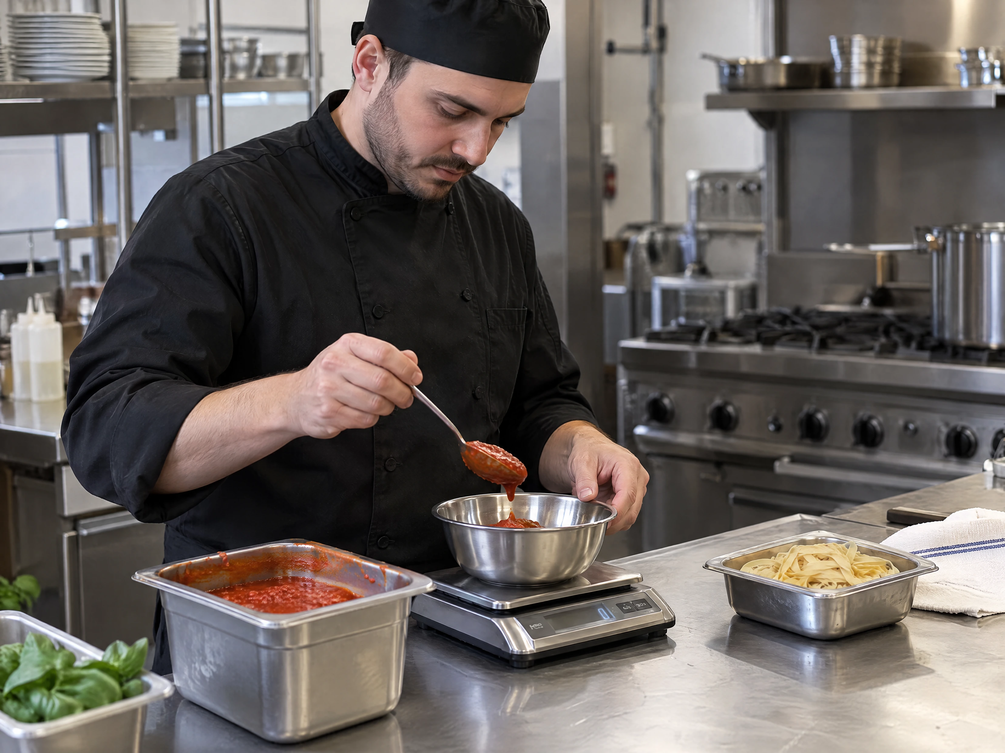 A chef weighing a portion of tomato sauce on a kitchen scale beside fresh pasta