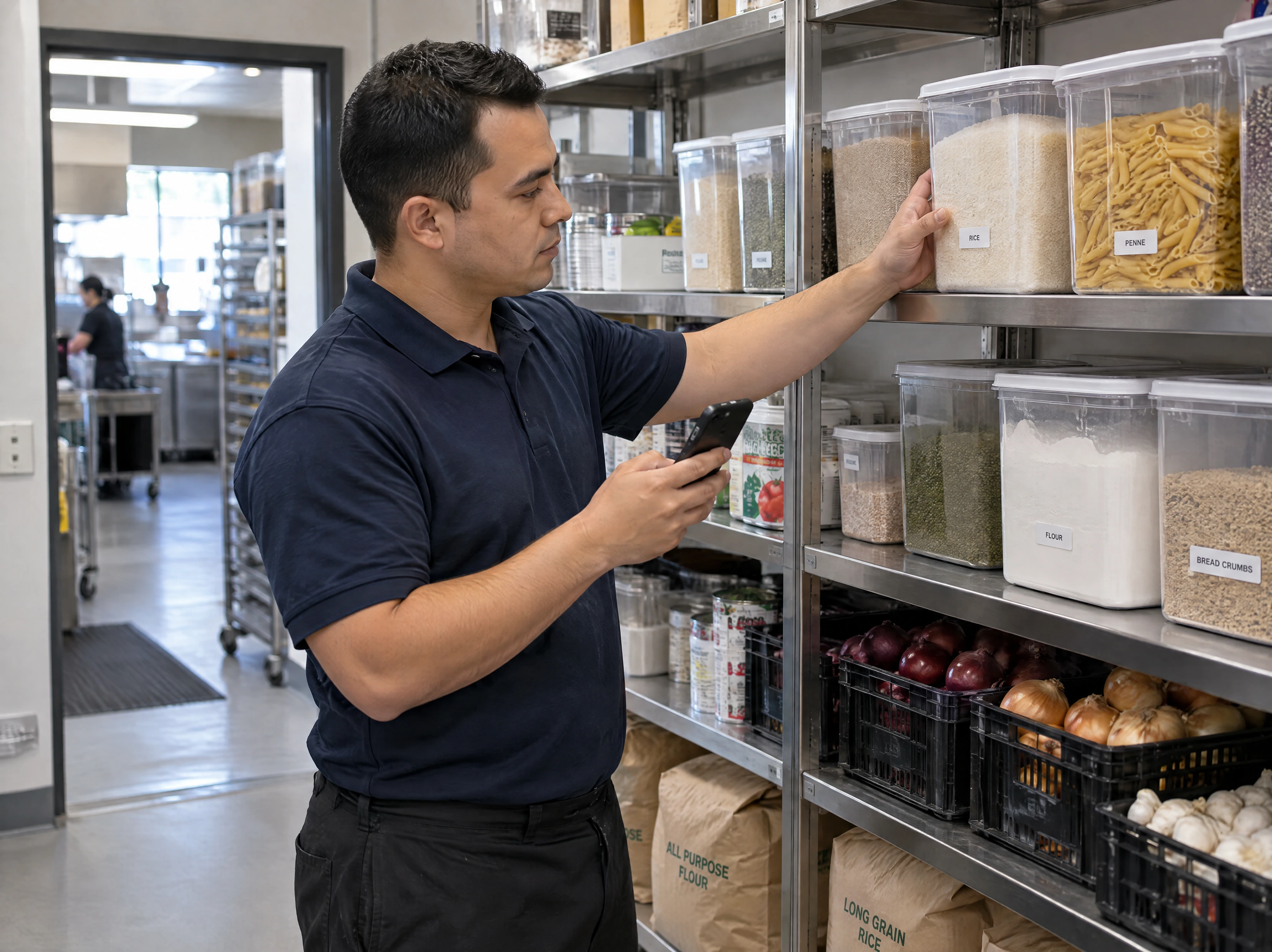 A restaurant stockroom supervisor checking ingredient containers while recording quantities on a phone