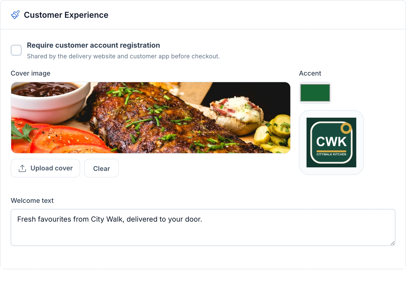 HoreX Customer Experience settings for the storefront cover, logo, accent colour and welcome text