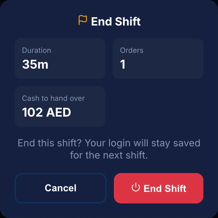 Courier shift summary with one delivery and AED 102 cash to hand over