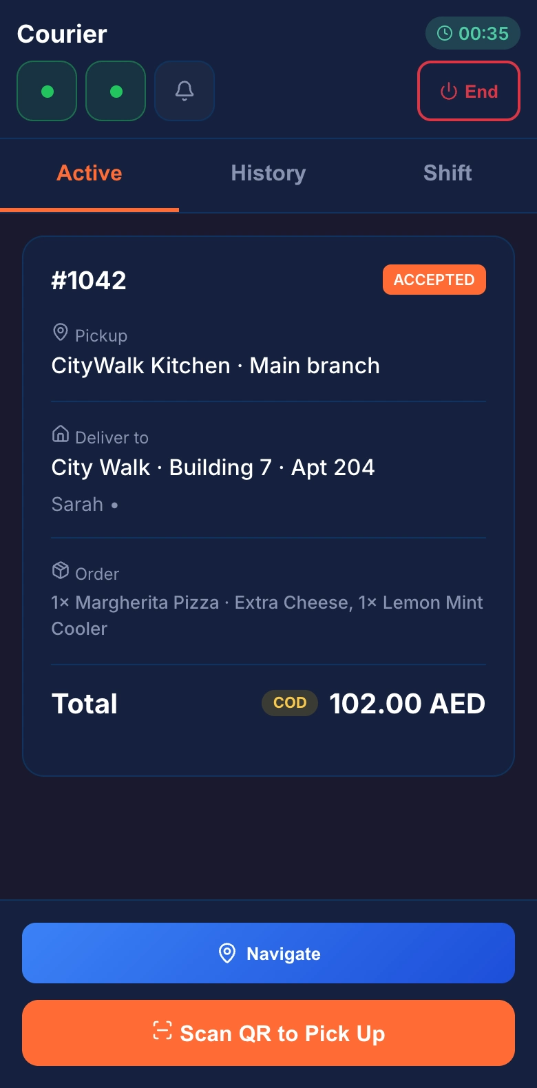 Courier app for the same order 1042, delivering to Sarah in City Walk with AED 102 to collect
