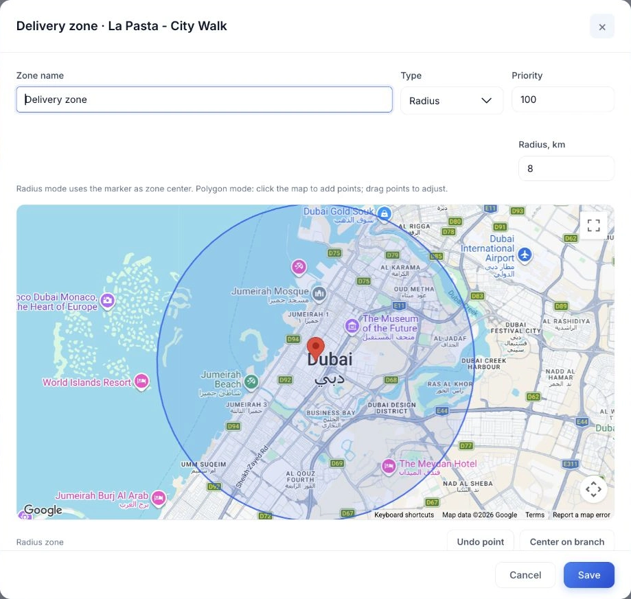 Google Maps delivery-zone editor for La Pasta City Walk, showing an eight-kilometre radius and branch priority
