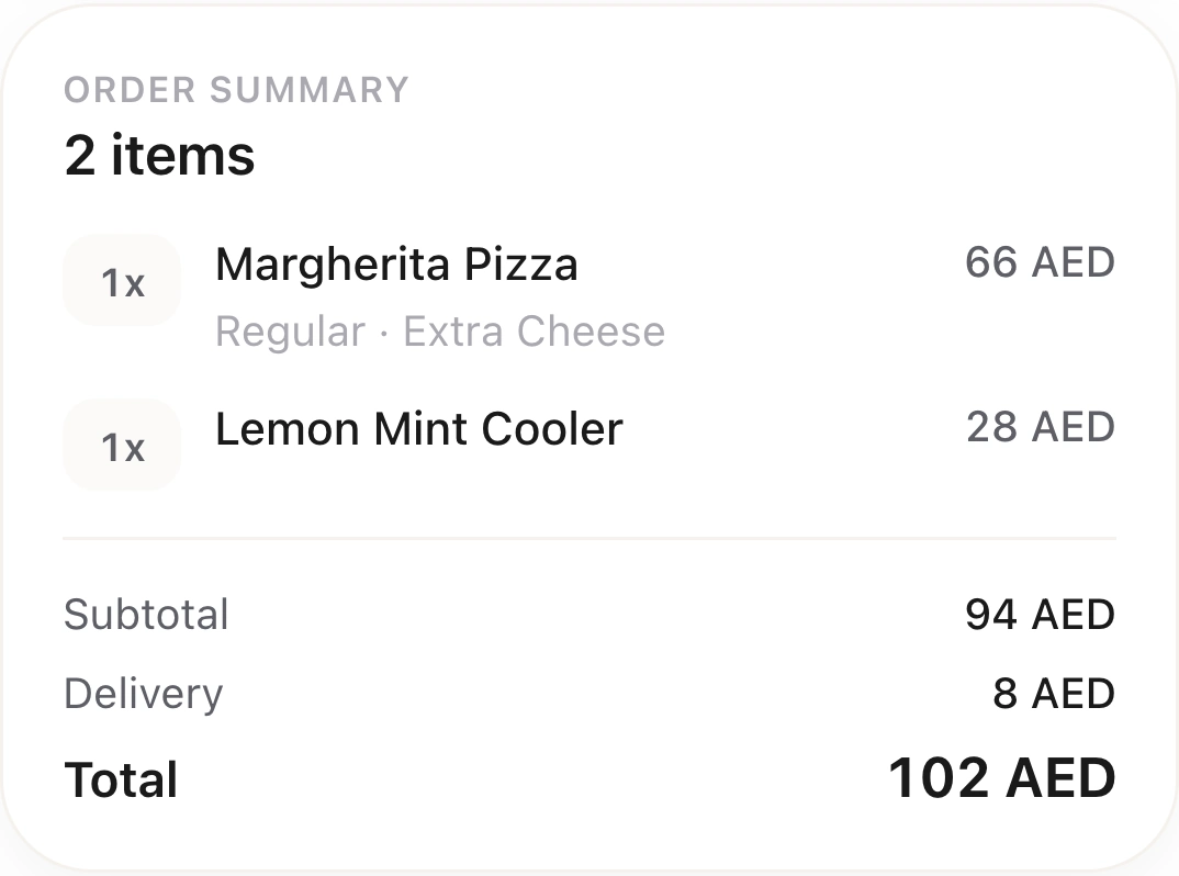 Guest order summary in HoreX: Margherita Pizza with Extra Cheese, Lemon Mint Cooler, AED 8 delivery and AED 102 total