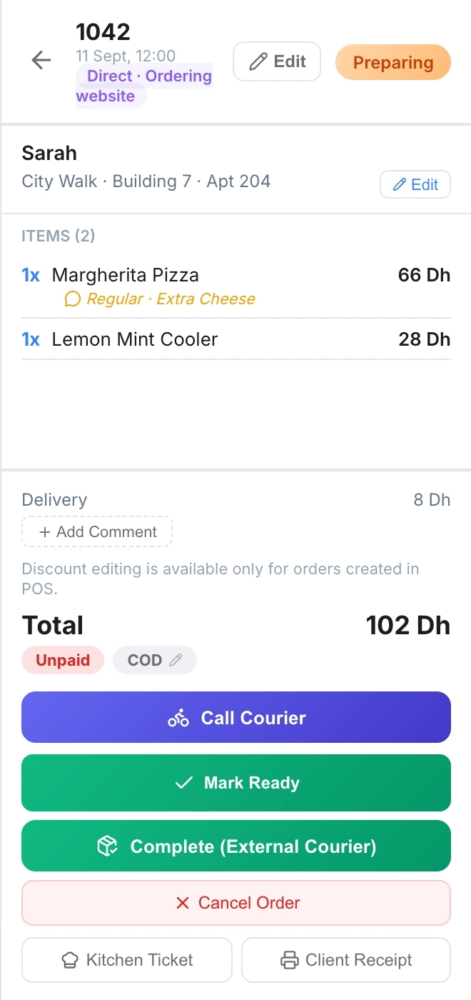 POS delivery order 1042 for Sarah: Margherita Pizza with Extra Cheese, Lemon Mint Cooler, delivery fee and total AED 102