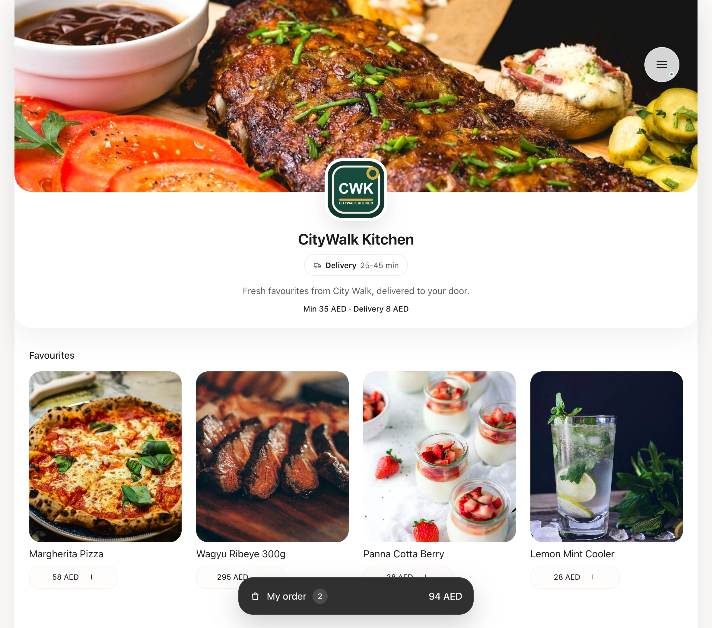 CityWalk Kitchen online ordering website with restaurant branding, menu, prices and order basket