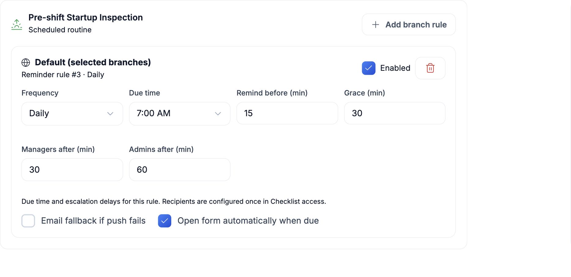 Actual HoreX opening inspection reminder set for 7 AM with grace and escalation delays