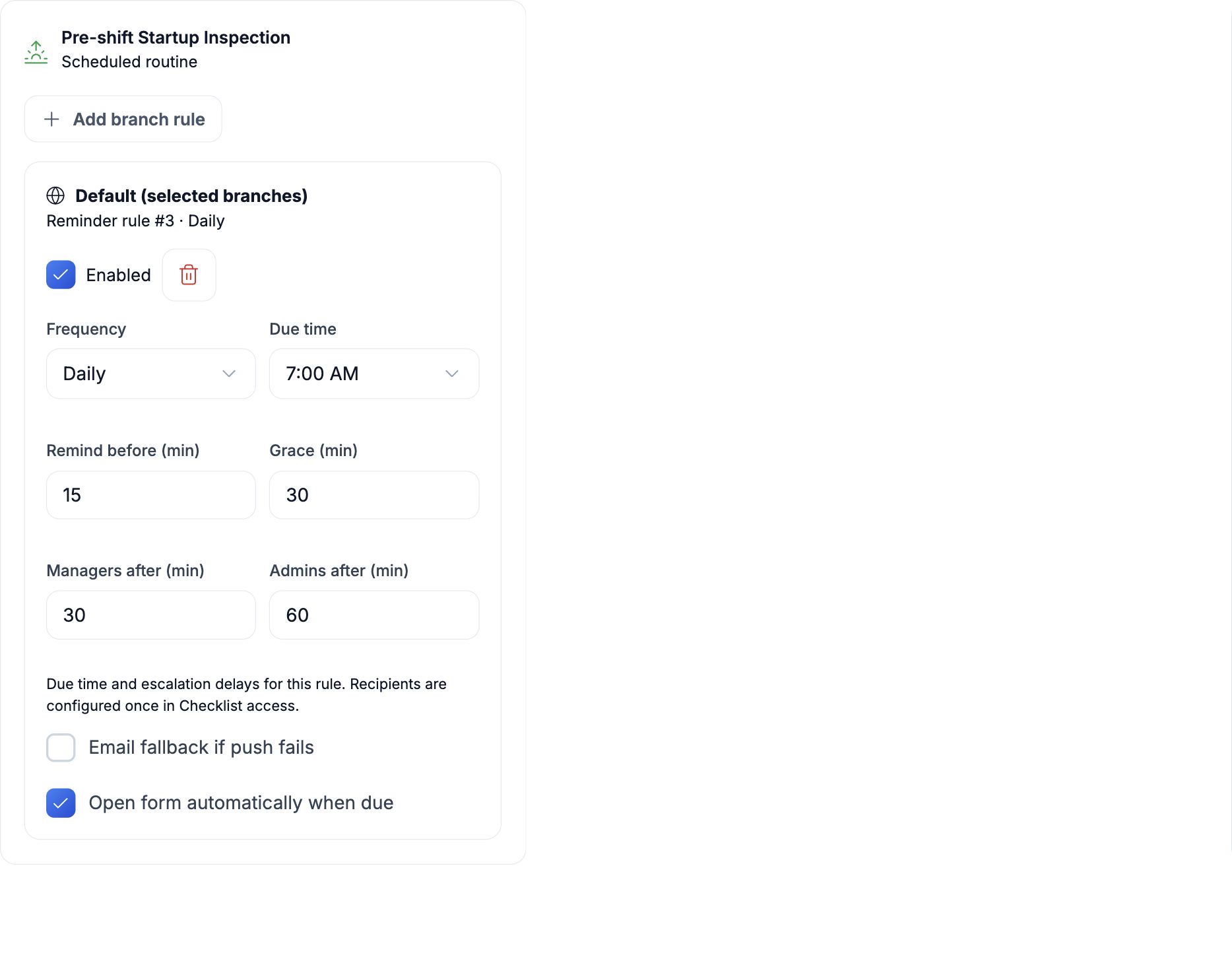 Mobile opening inspection schedule showing its recurrence and due time