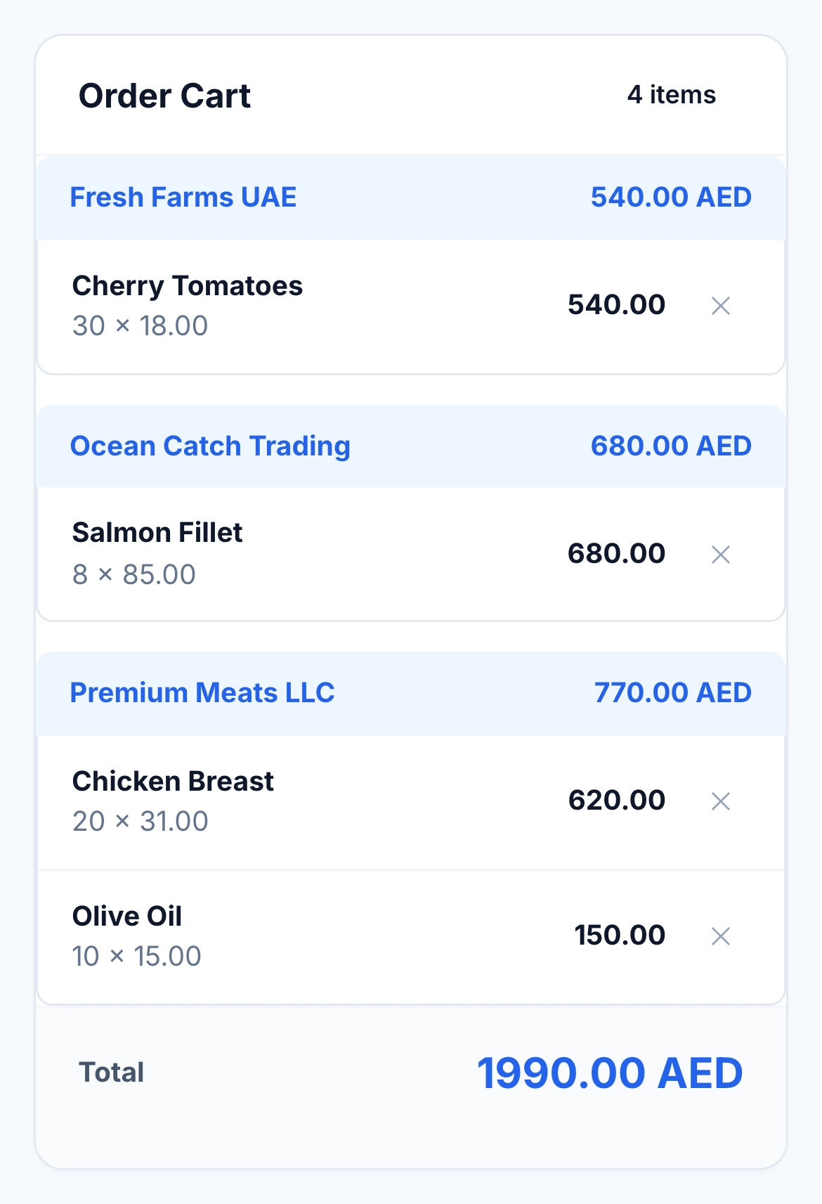 HoreX purchase cart with four products grouped under Fresh Farms UAE, Ocean Catch Trading and Premium Meats LLC, beside the product supplier selector