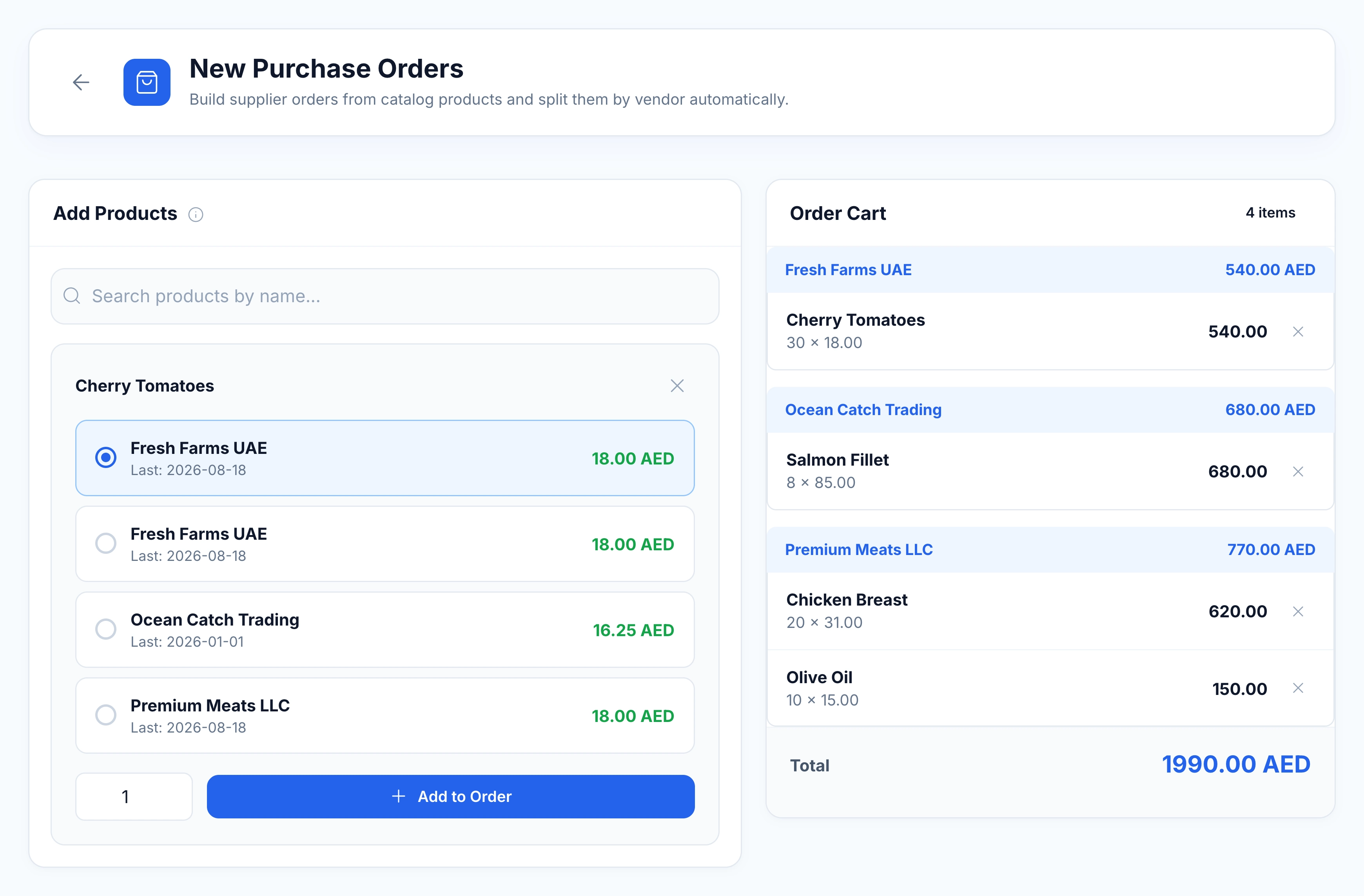 HoreX purchase cart with four products grouped under Fresh Farms UAE, Ocean Catch Trading and Premium Meats LLC, beside the product supplier selector