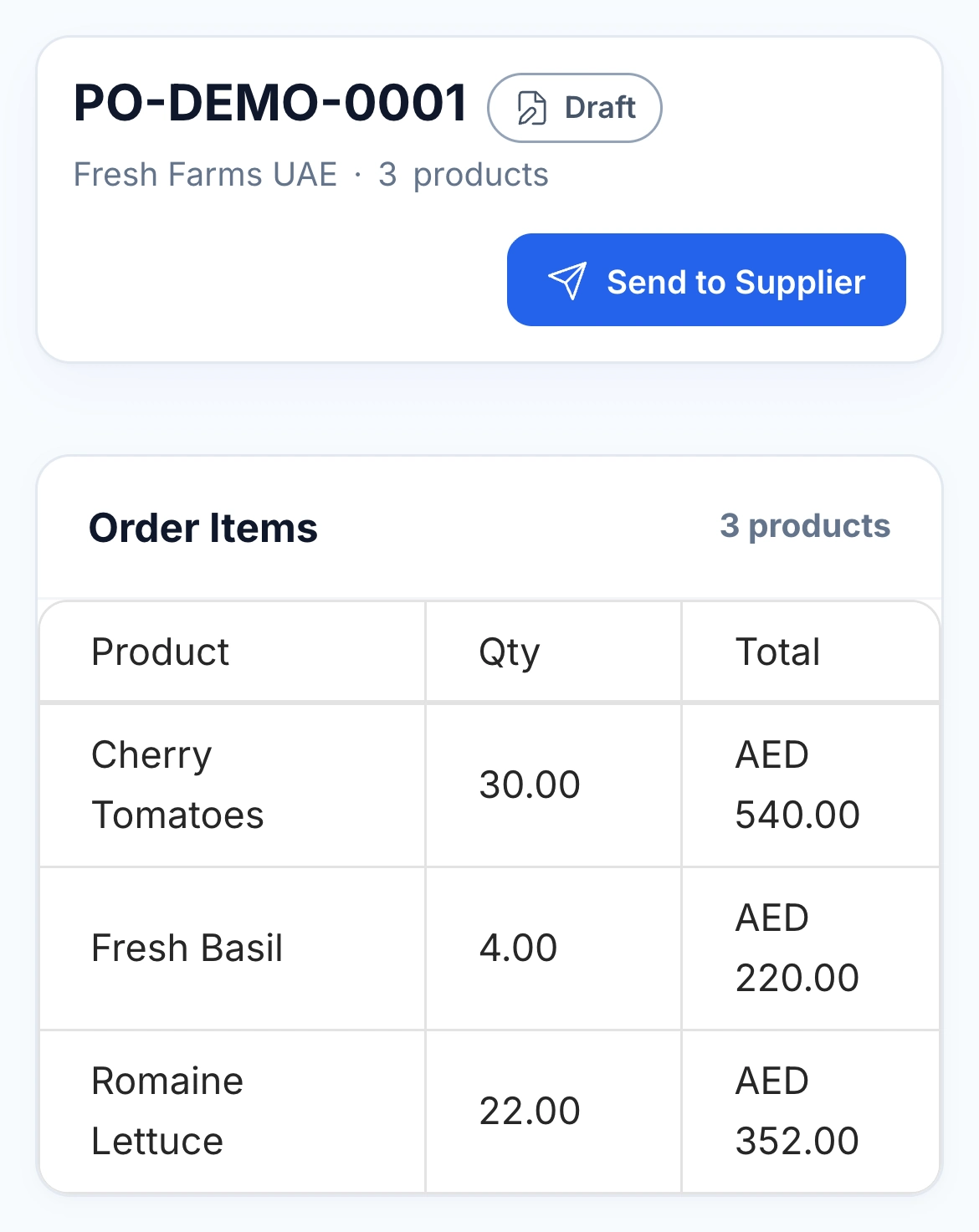 Existing Fresh Farms UAE draft purchase order with item quantities, prices and Send to Supplier action