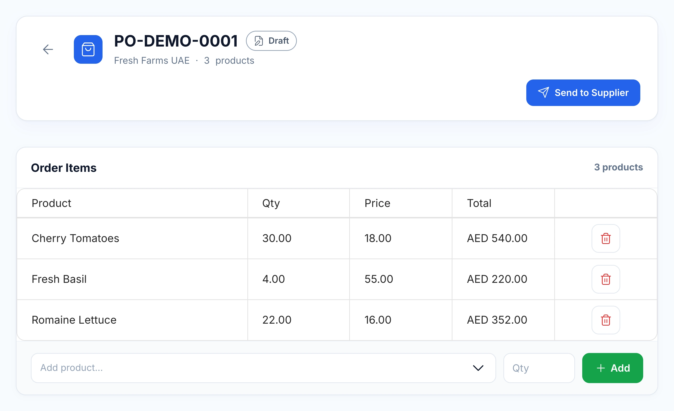 Existing Fresh Farms UAE draft purchase order with item quantities, prices and Send to Supplier action