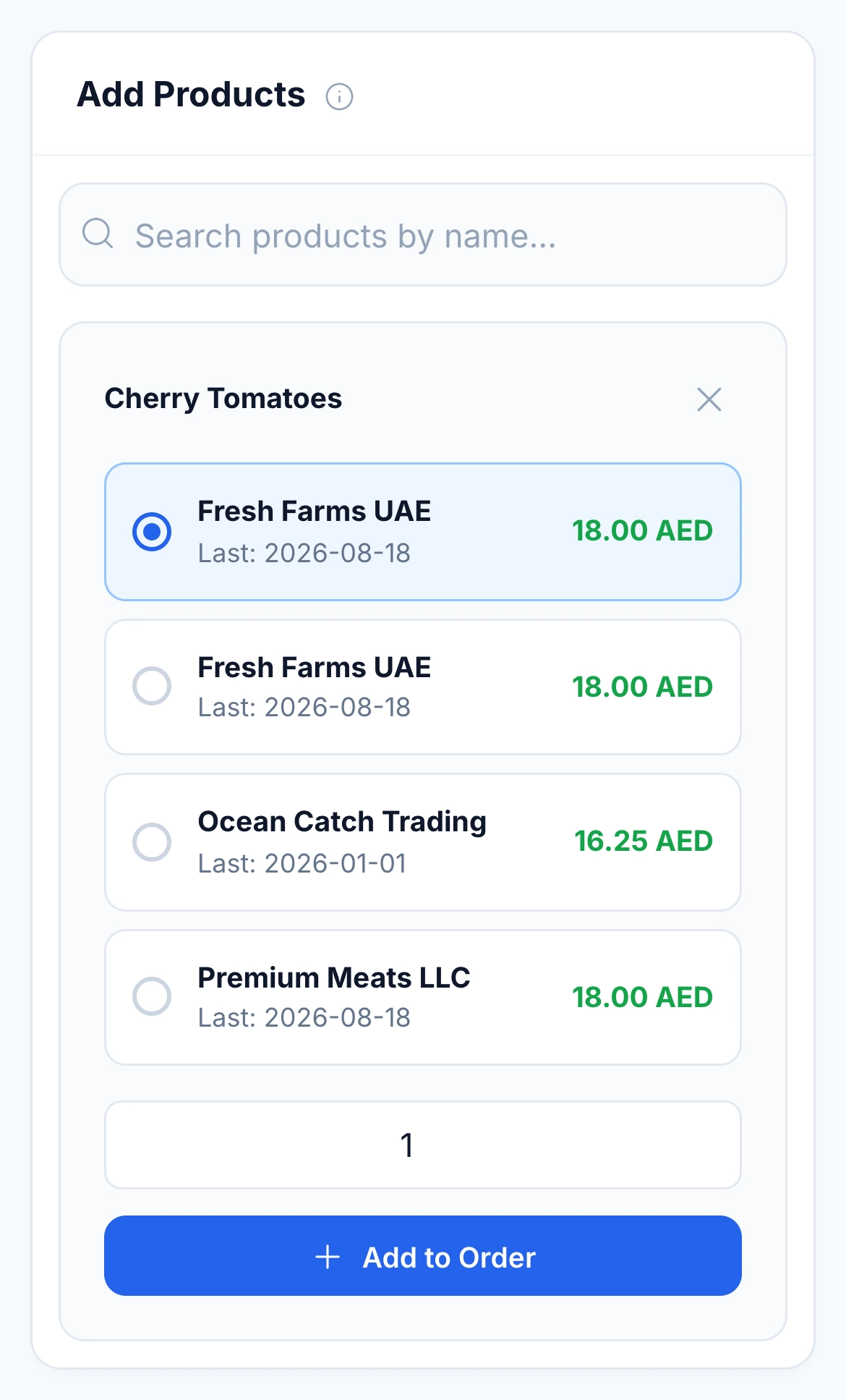 Native Cherry Tomatoes supplier selection with historical purchase dates and prices