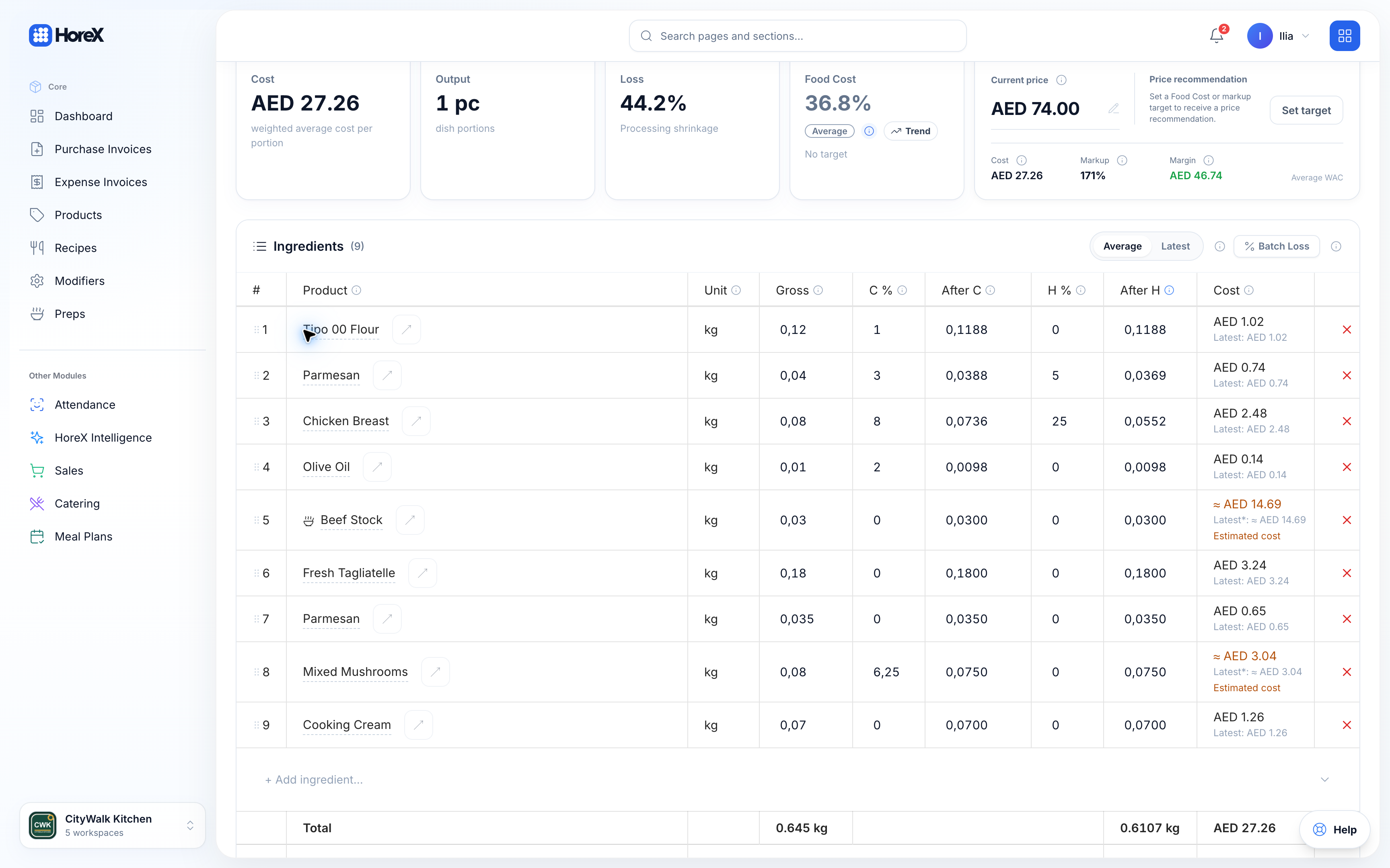 HoreX recipe cost and margin calculations based on ingredient prices