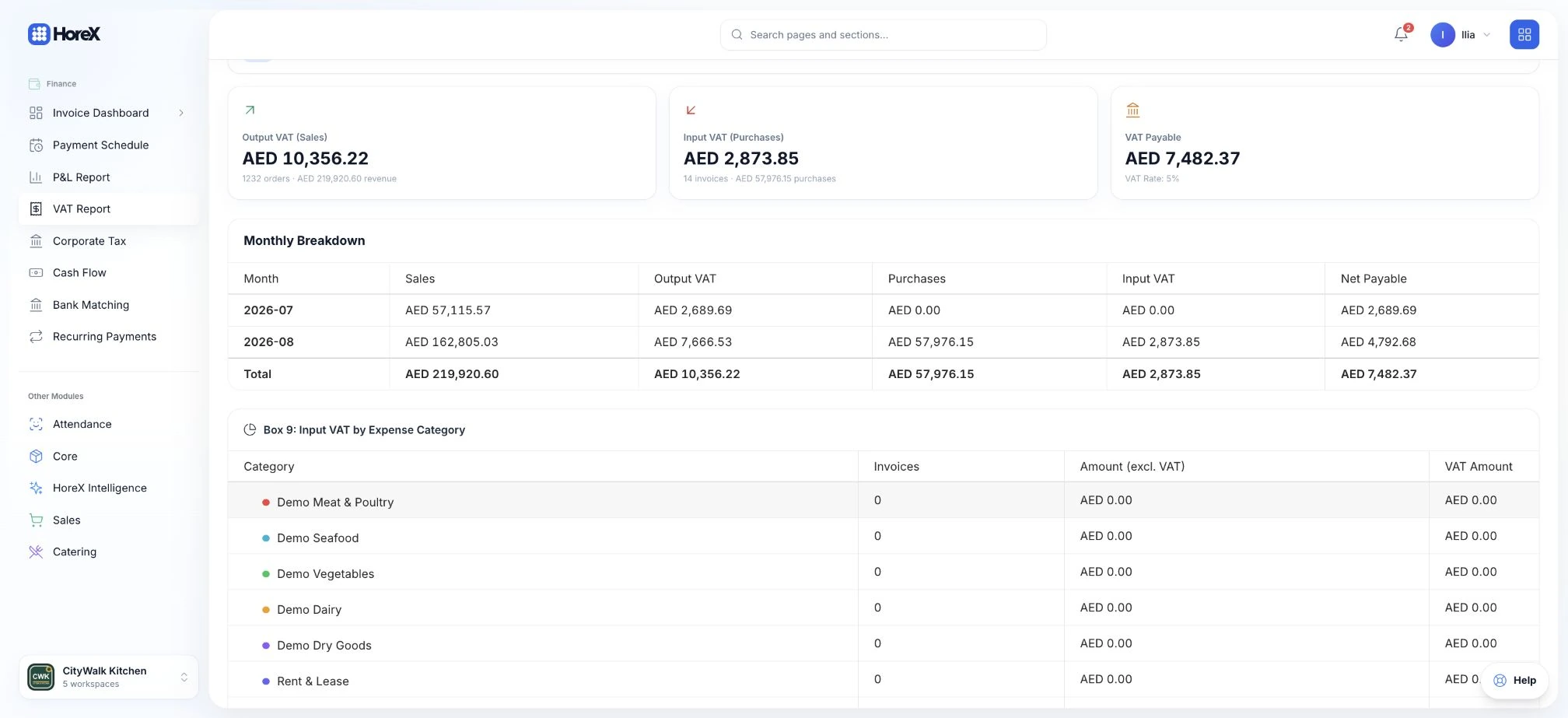 HoreX VAT report with tax-period totals and report controls
