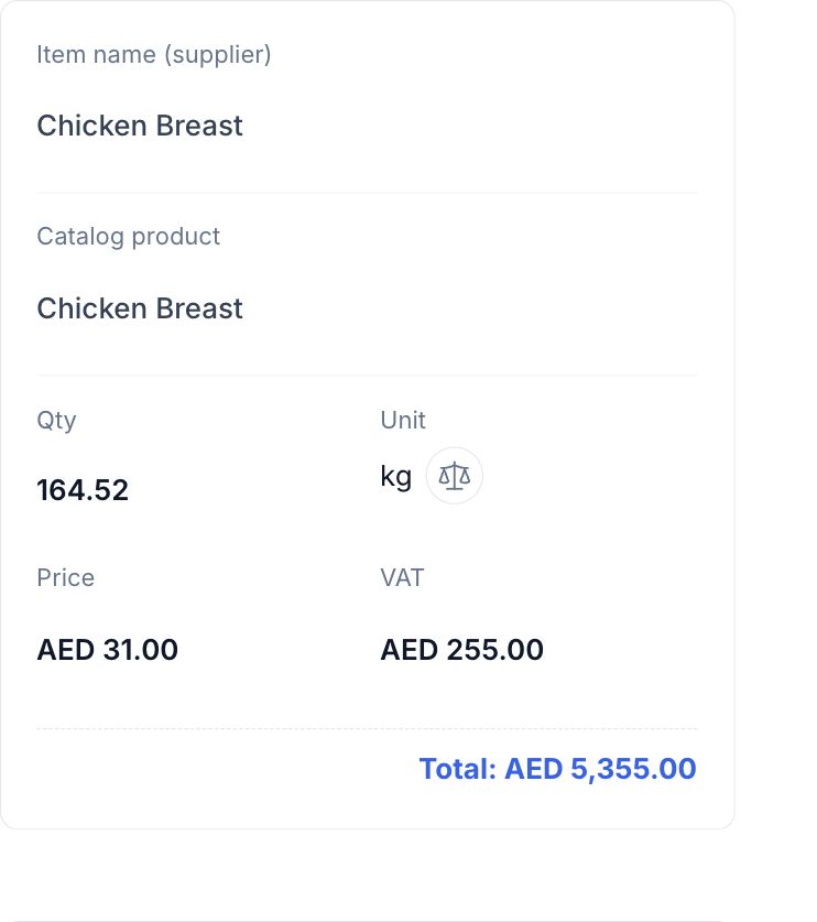 A purchase invoice line showing the supplier item, catalog match, quantity, unit and purchase price