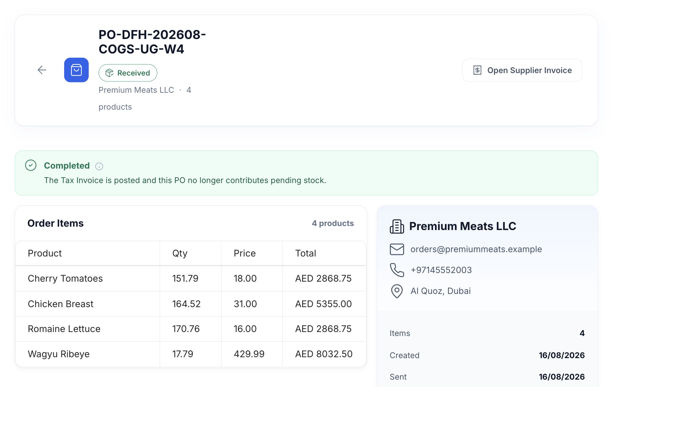 Received purchase order with supplier, ordered products and a link to the posted invoice