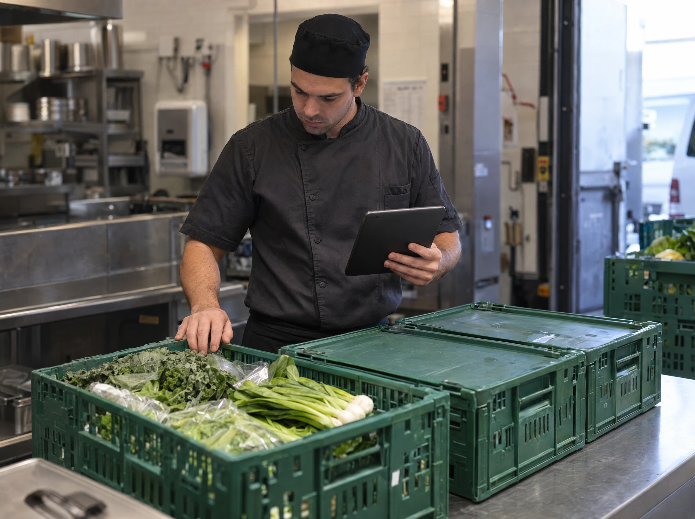 A restaurant receiving chef checking produce crates against an order on a tablet