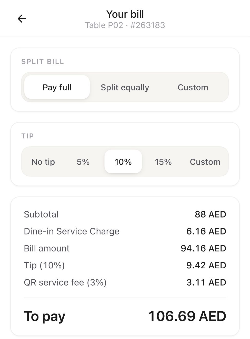 Native QR bill with tip presets, separate service fee and final amount before connected checkout
