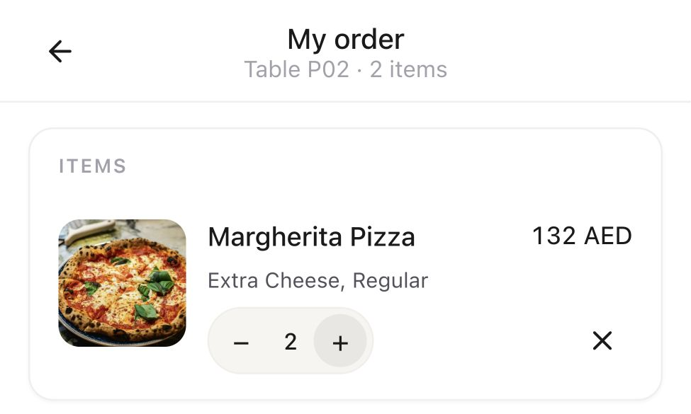 Native guest selection for table P02: two Margherita pizzas with Extra Cheese and Regular size