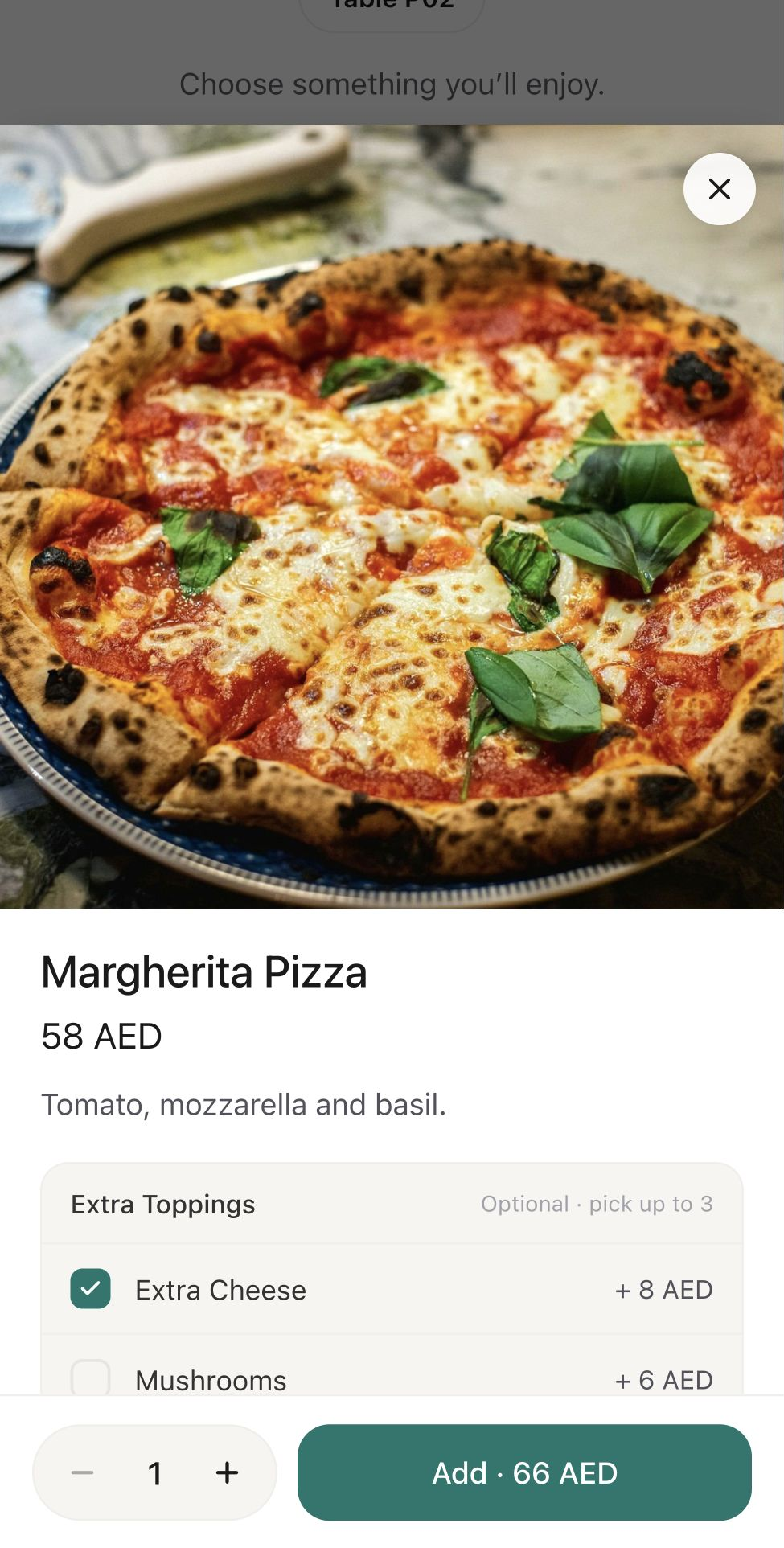 Native HoreX QR menu: Margherita Pizza with Extra Cheese selected and an Add total of AED 66
