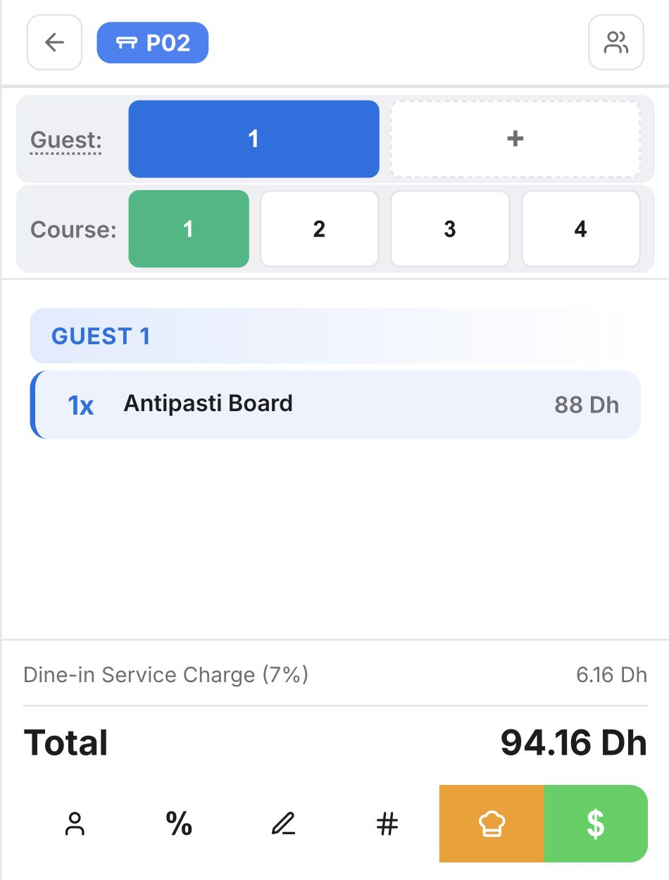 Native POS order for table P02 with Antipasti Board, 7 percent service charge and the same AED 94.16 bill